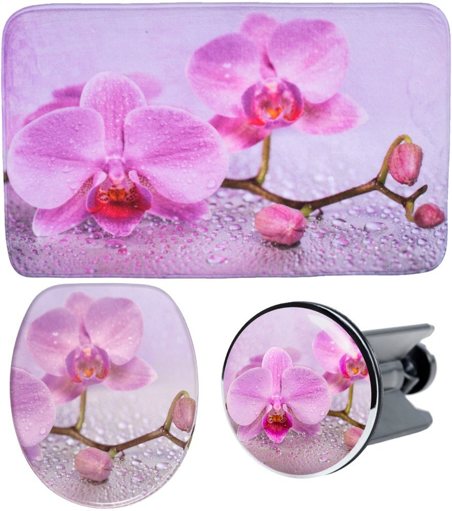 Sanilo Badaccessoire-Set 3-teilig Blooming, WC-Sitz mit Absenkautomatik, Badteppich 70 x 110 cm, Waschbeckenstöpsel, 3 tlg., hochwertig & modern, universell, leichte Montage