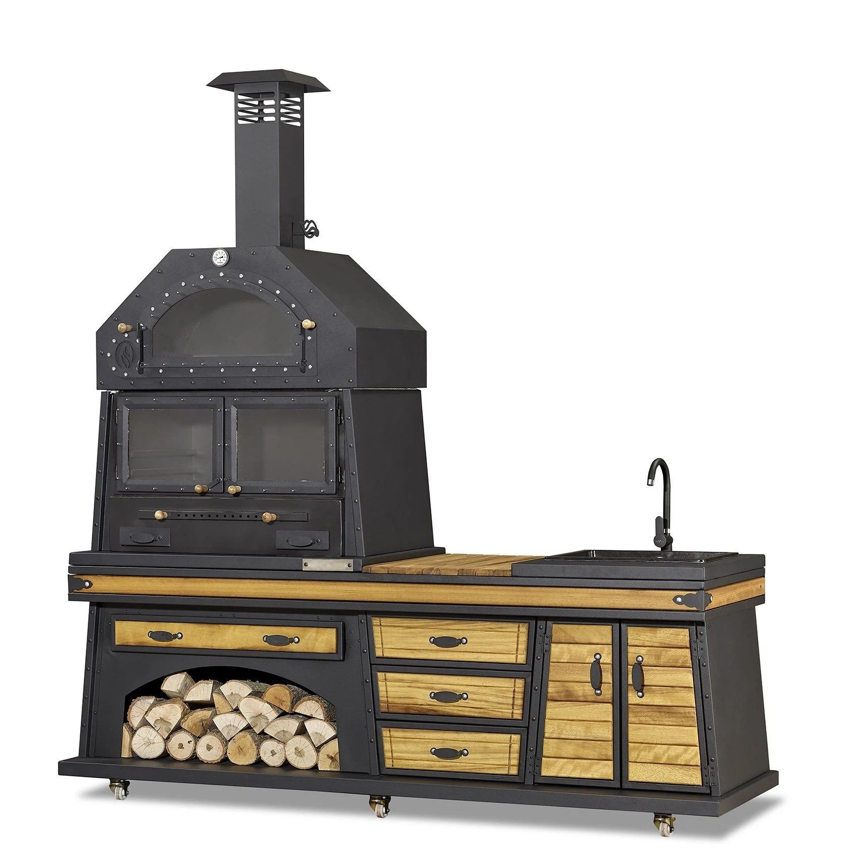 JVmoebel Outdoor-Küche Schwarze Außenküche aus Holz und Edelstahl, wetterfest und modern, Made in Europe
