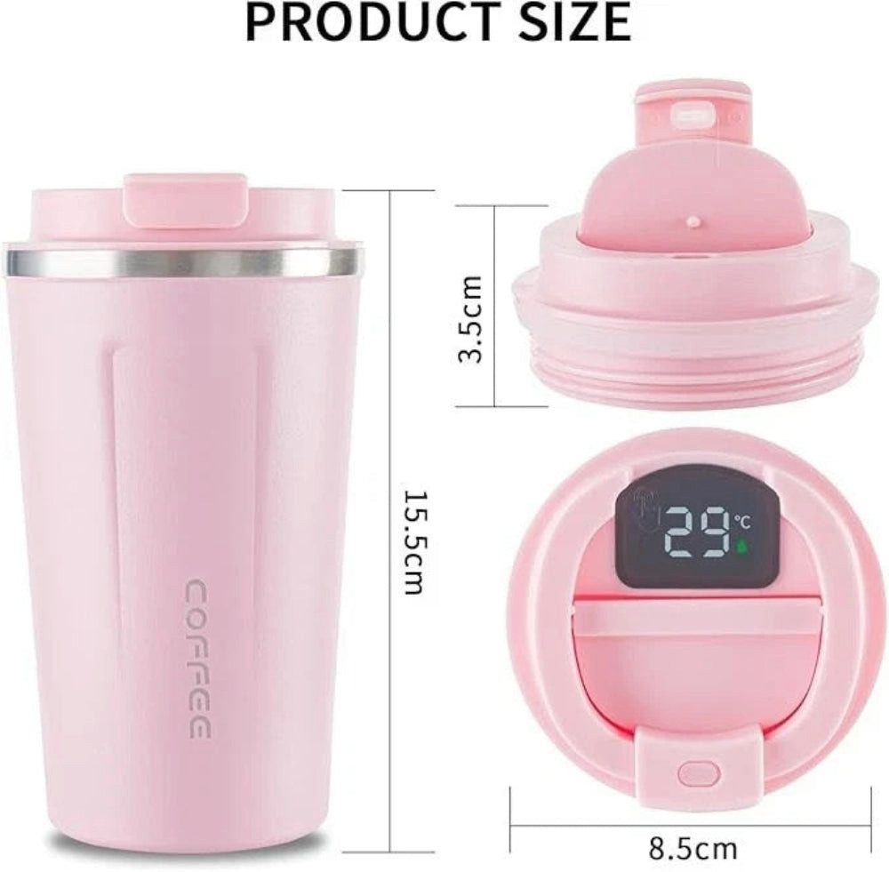 Zengi Thermobecher 380 ml Coffee to go Vakuum isoliert für Büro Auto Reisen unterwegs, 1-tlg., Edelstahl, LED-Temperaturanzeige, auslaufsicher, doppelwandig, BPA-frei