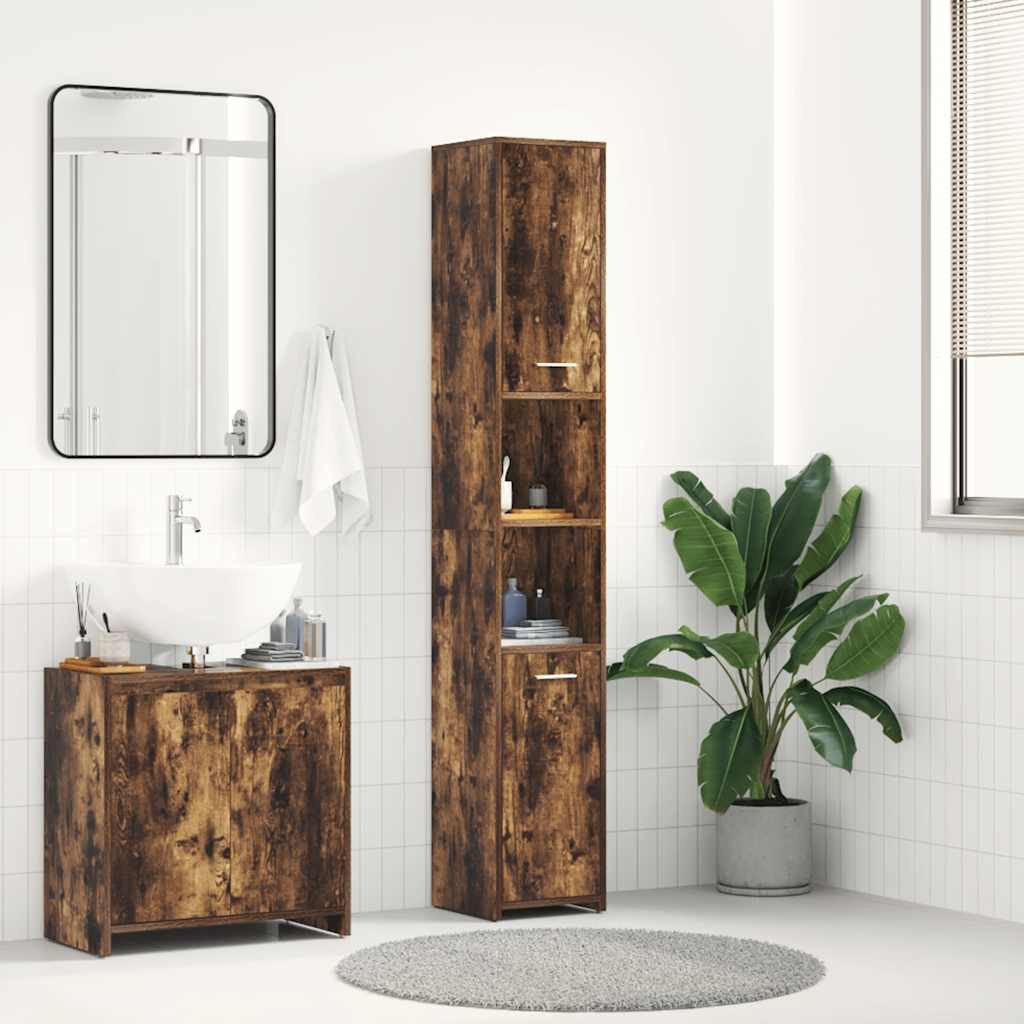 Badkommode Badezimmerschrank 30x30x183,5 cm in Räuchereiche mit viel Stauraum