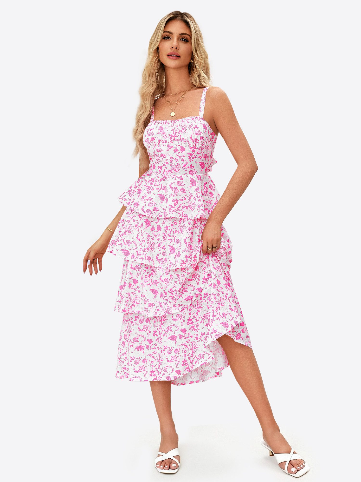 Imily Bela Maxikleid Damen Fließendes Mehrlagiges Kleid mit Rüschen (Packung, 1-tlg., 1per-Pack) Reißverschluss und Bänder hinten