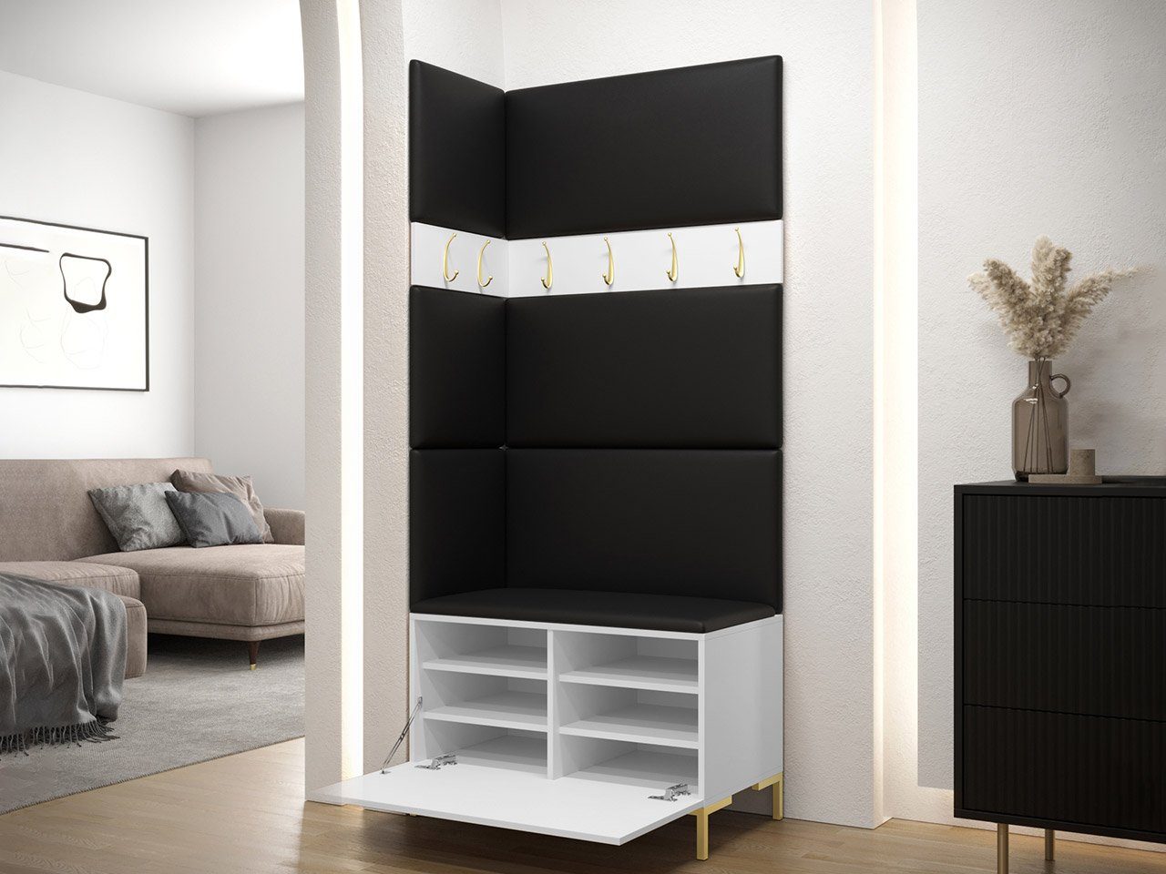 MIRJAN24 Garderoben-Set Zilion IV, (Komplett-Set, Schuhschrank, 2x Kleiderhakenbrett, Paneel 3x 42x42 und 4x 84x42), Auswahl aus Fronten und Polsterplatten