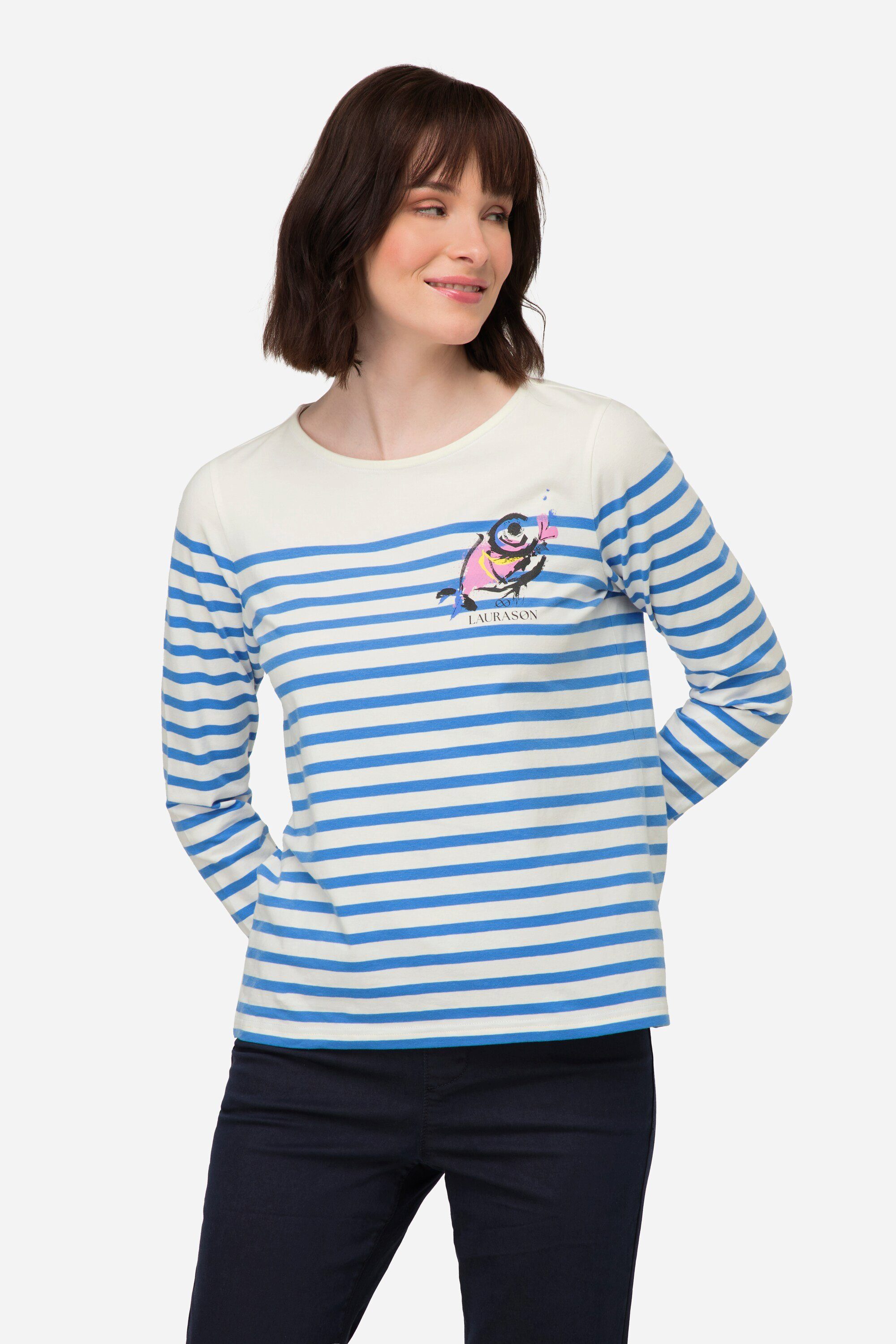 Laurasøn Rundhalsshirt T-Shirt Ringel Fisch Motiv Rundhals Langarm azurblau