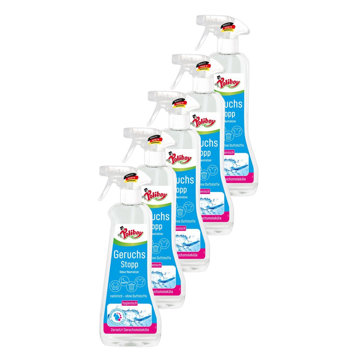 poliboy Aktiv Geruchs Stopp - 5x500ml Reinigungsspray (verbannt schlechte Gerüche von Oberflächen - Made in Germany)