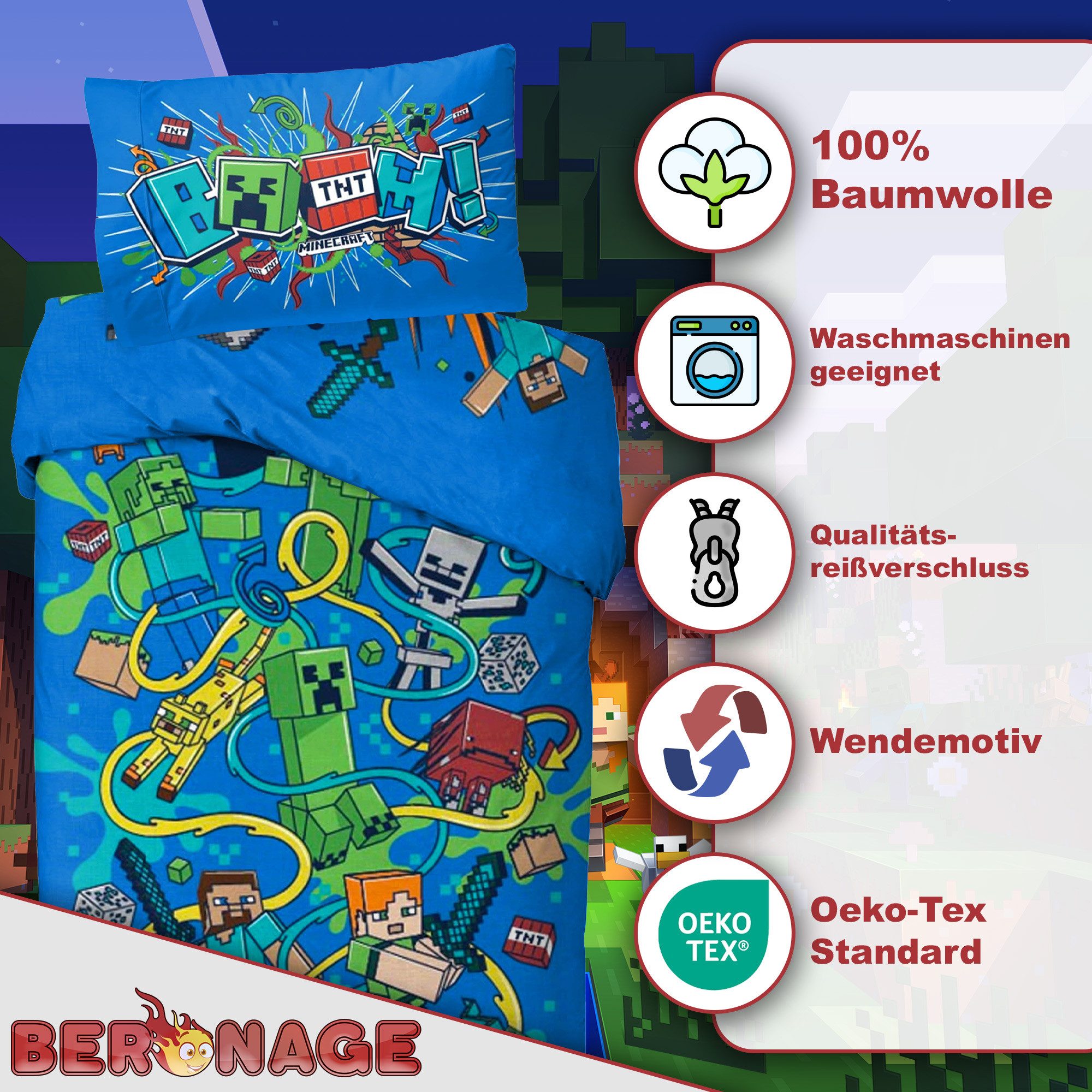 BERONAGE Wendebettwäsche Minecraft Bettwäsche Slurp Blast Biber / Flanell, Baumwolle, 2 teilig, 135x200 + 80x80 cm
