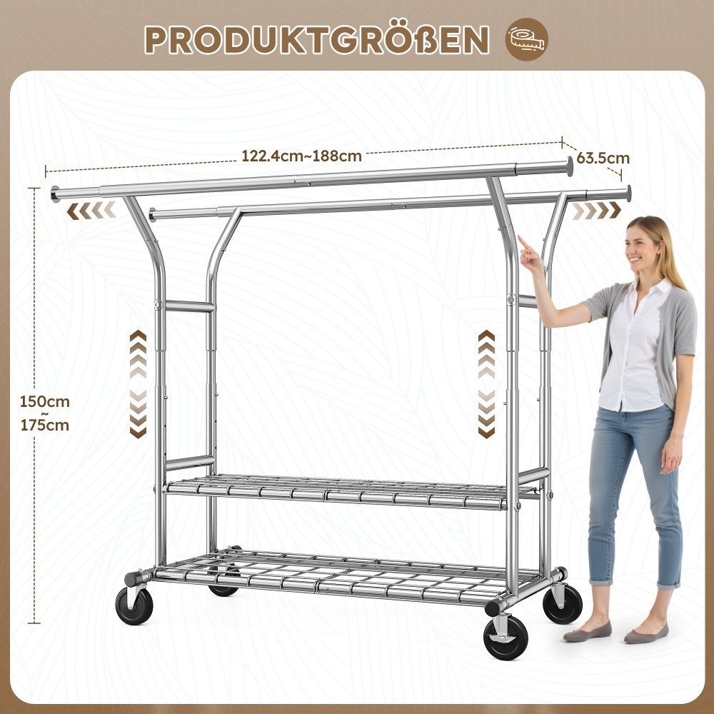 Klyvvo Kleiderständer mit ausziehbarer Struktur & zwei Lagernetzen, 200kg Höchstgewicht, (1 St), reichlich Stauraum für Kleidung & Accessoires