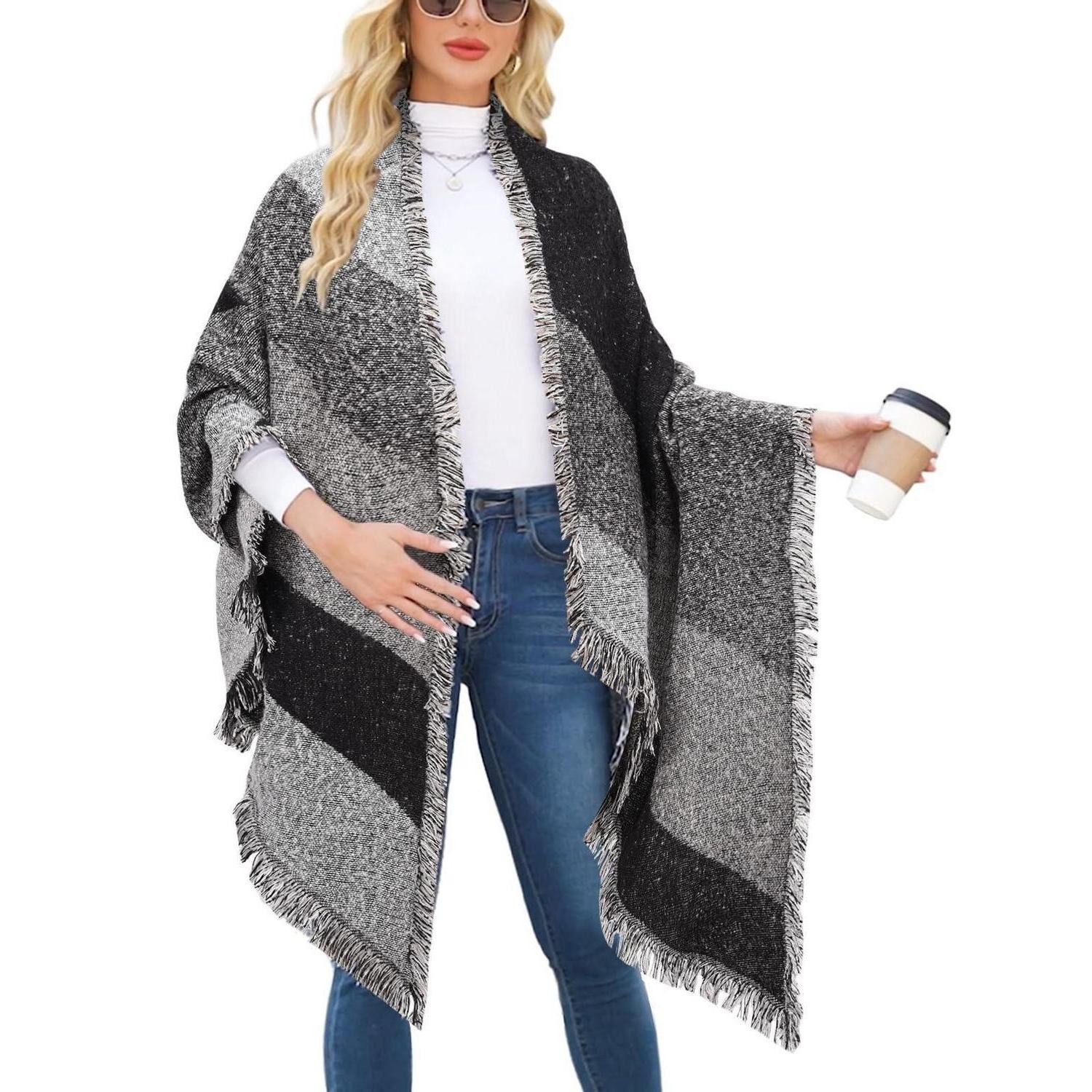 LuxusKollektion XXL-Schal Schal Karo Schwarz-Weiss mit Fransen Oversize, (1-St)