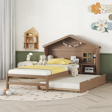 Flieks Kinderbett, Holzbett 90x200cm mit Fensterdekoration und Ausziehbett 90x180cm