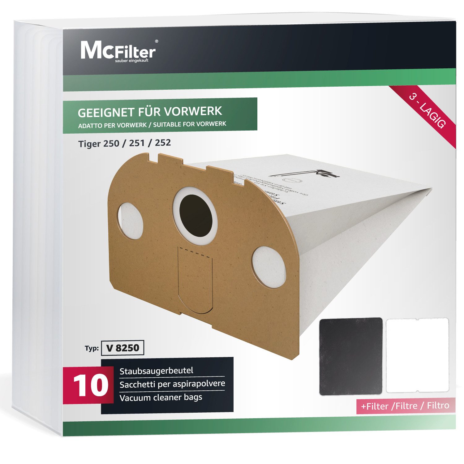McFilter Staubsaugerbeutel Alternative zu Swirl V63 V 63, passend für Vorwerk Staubsauger, Pappdeckscheibe, inkl. Filter, 10 St., Reißfest, Top Filtration, 3-lagiges Microvlies