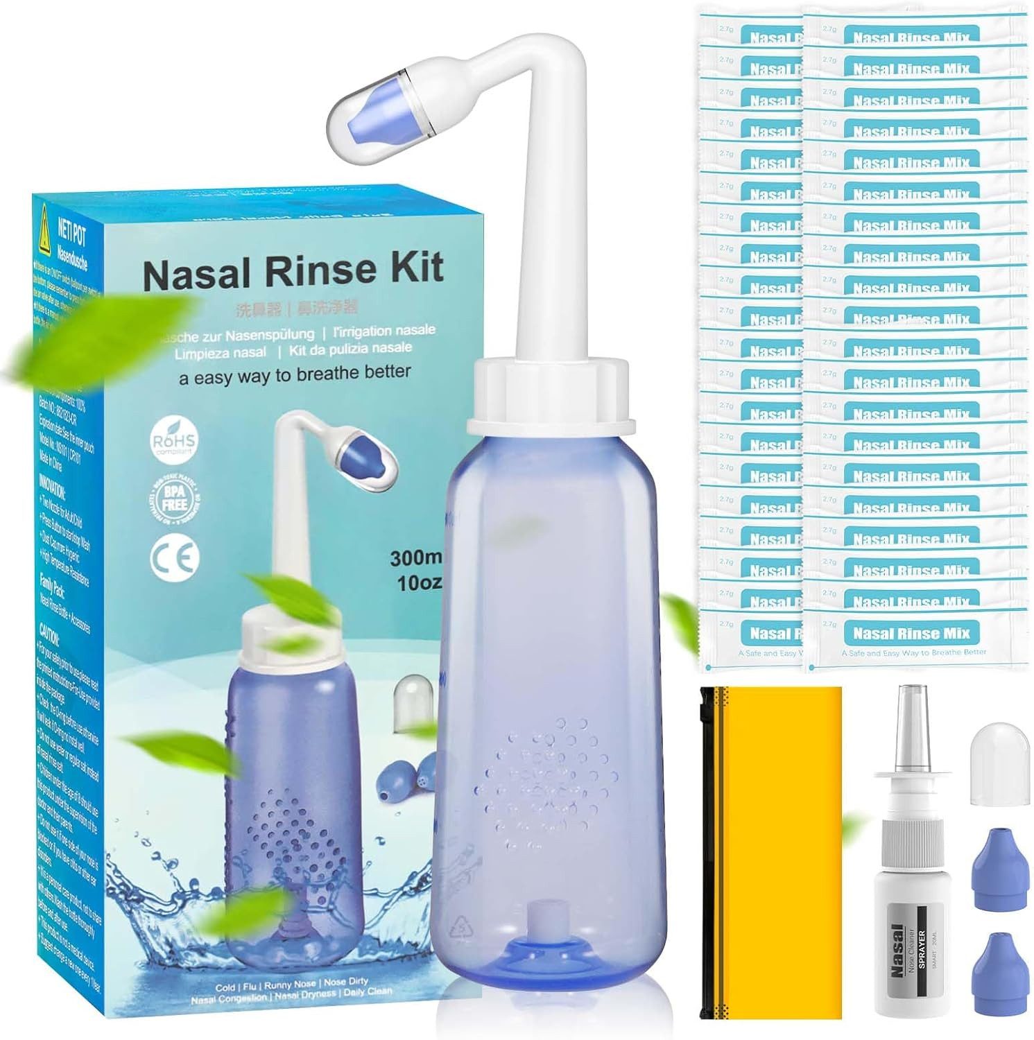 TUWENA Nasendusche Nasenspülset, 300ml Nasenspülset mit 40 Päckchen Nasenspülgerät