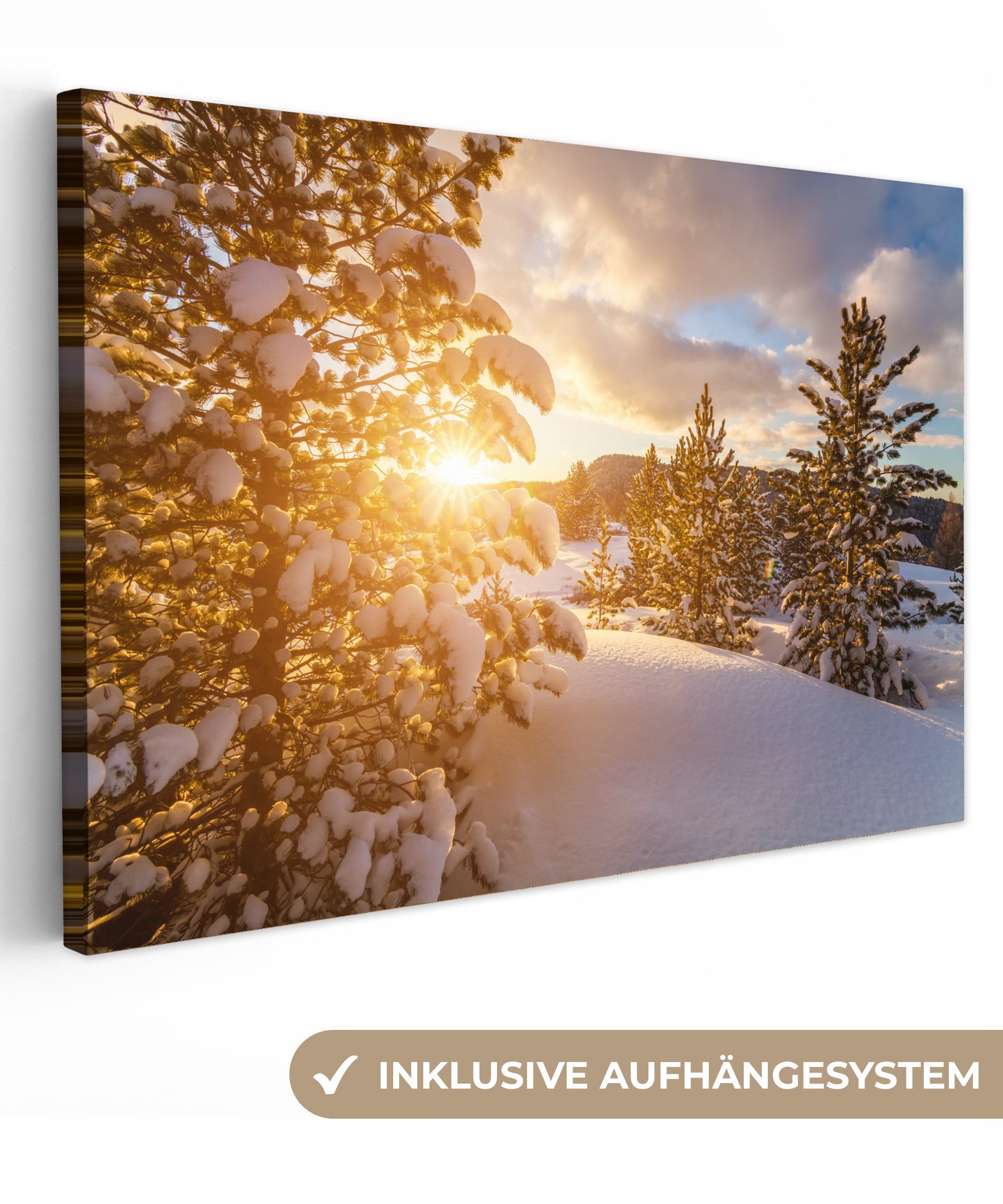 OneMillionCanvasses® Leinwandbild Eine Winterlandschaft bei Sonnenuntergang günstig online kaufen