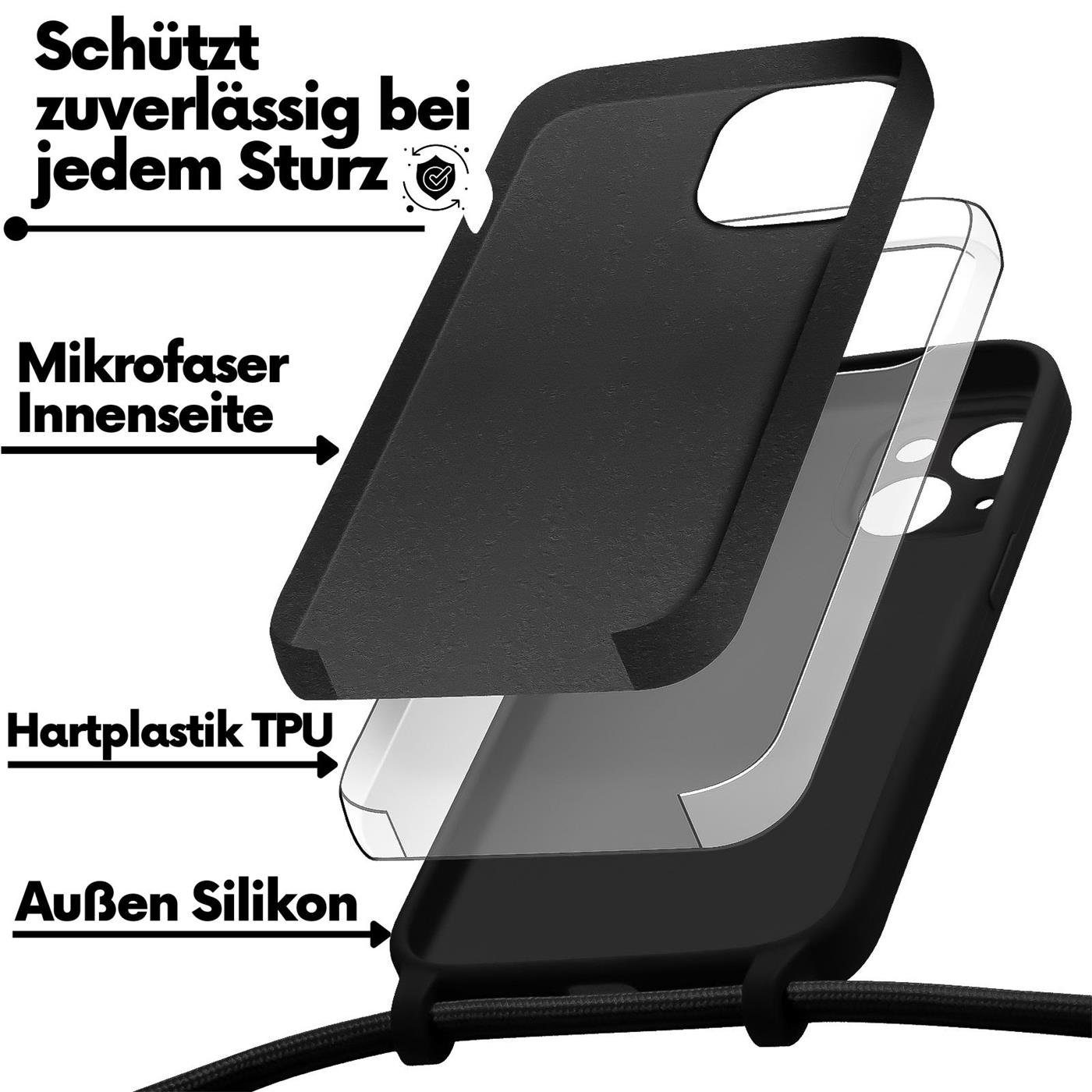CoolGadget Handyhülle Premium Handyhülle mit verstellbarer Handykette für iPhone 13, Hülle zum Umhängen Kette inkl. 2x Displayschutzfolie aus Glas