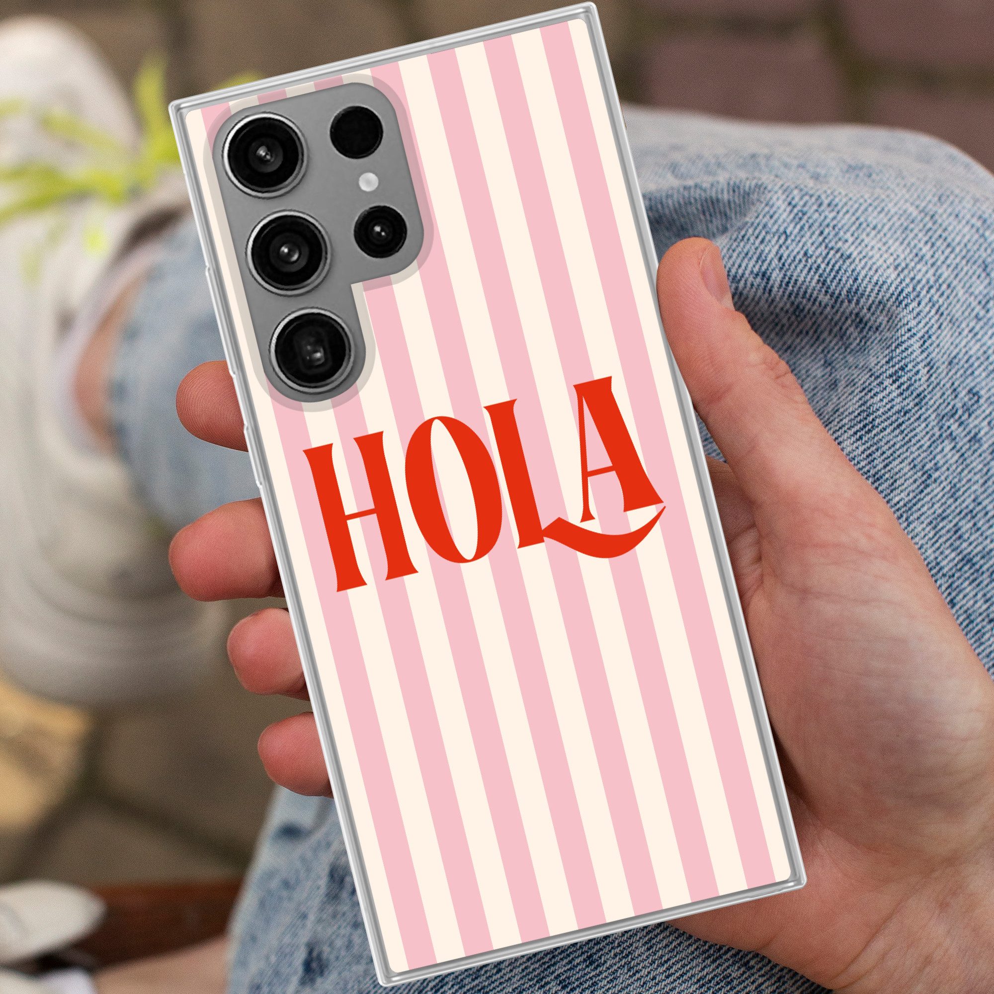 MuchoWow Handyhülle für Samsung Galaxy S23 Ultra Hola - Zitat - Streifen - Pastell - Rosa