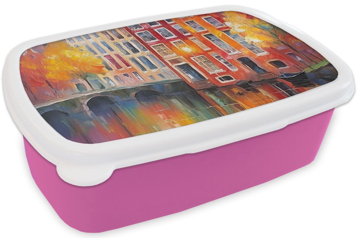 für - Brotbox Kunststoff MuchoWow rosa Kunst - Erwachsene, Amsterdam, Malerei Lunchbox - Snackbox, Brotdose Kunststoff, (2-tlg), Kinder, Grachtenhäuser Mädchen,