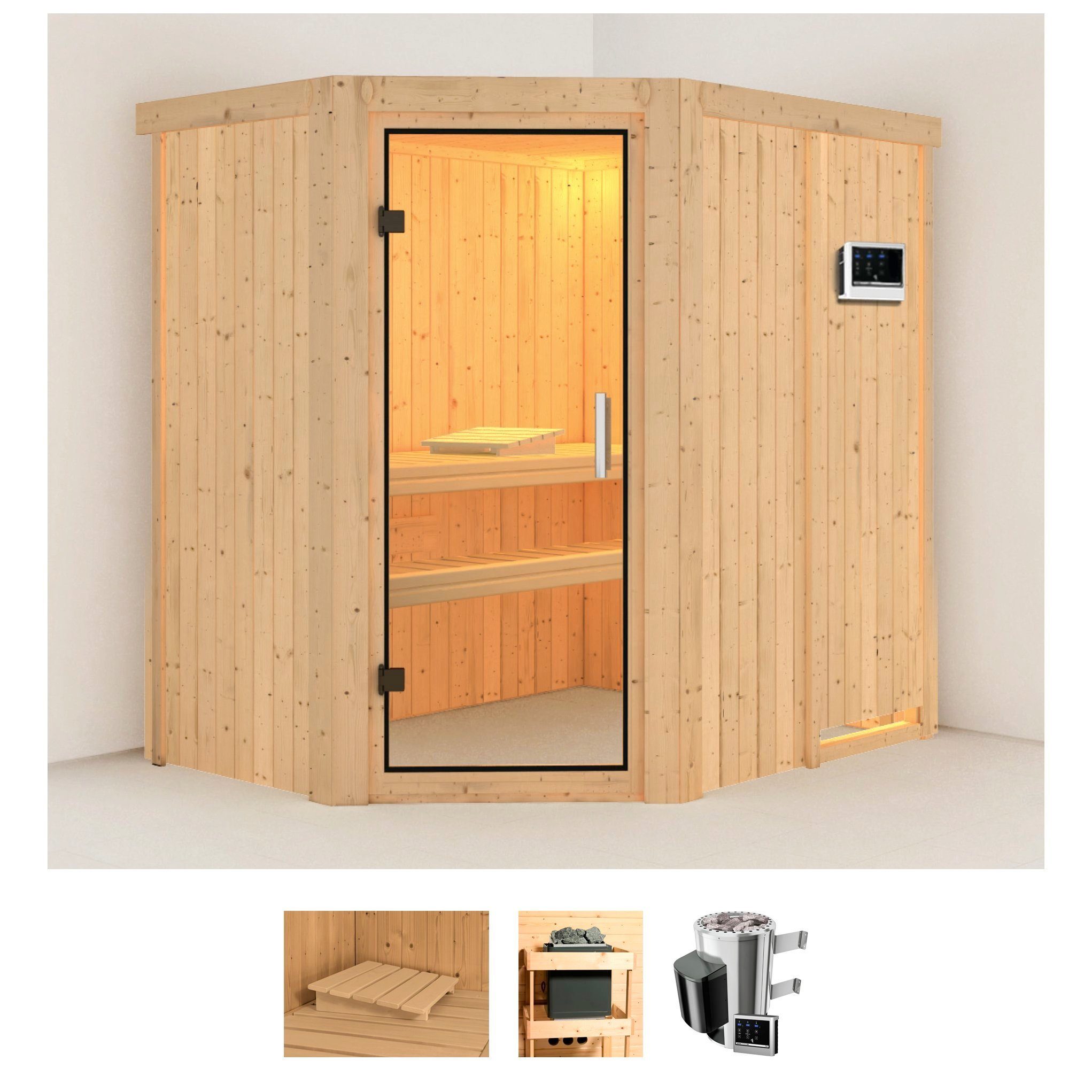 Karibu Sauna Swantje, BxTxH: 151 x 196 x 198 cm, 68 mm, (Set) Ofen 3,6 kW externe Strg.easy