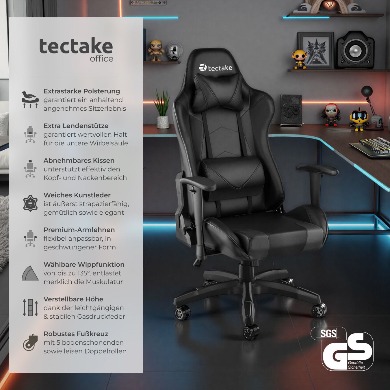 tectake Gaming-Stuhl Gaming-Sessel, Belastbarkeit 120 kg, mit verstellbarer Rückenlehne (Racing-Stuhl Twink, 1 St), Dicke Polsterung, Kunstlederbezug, abnehmbares Nacken- & Lendenkissen