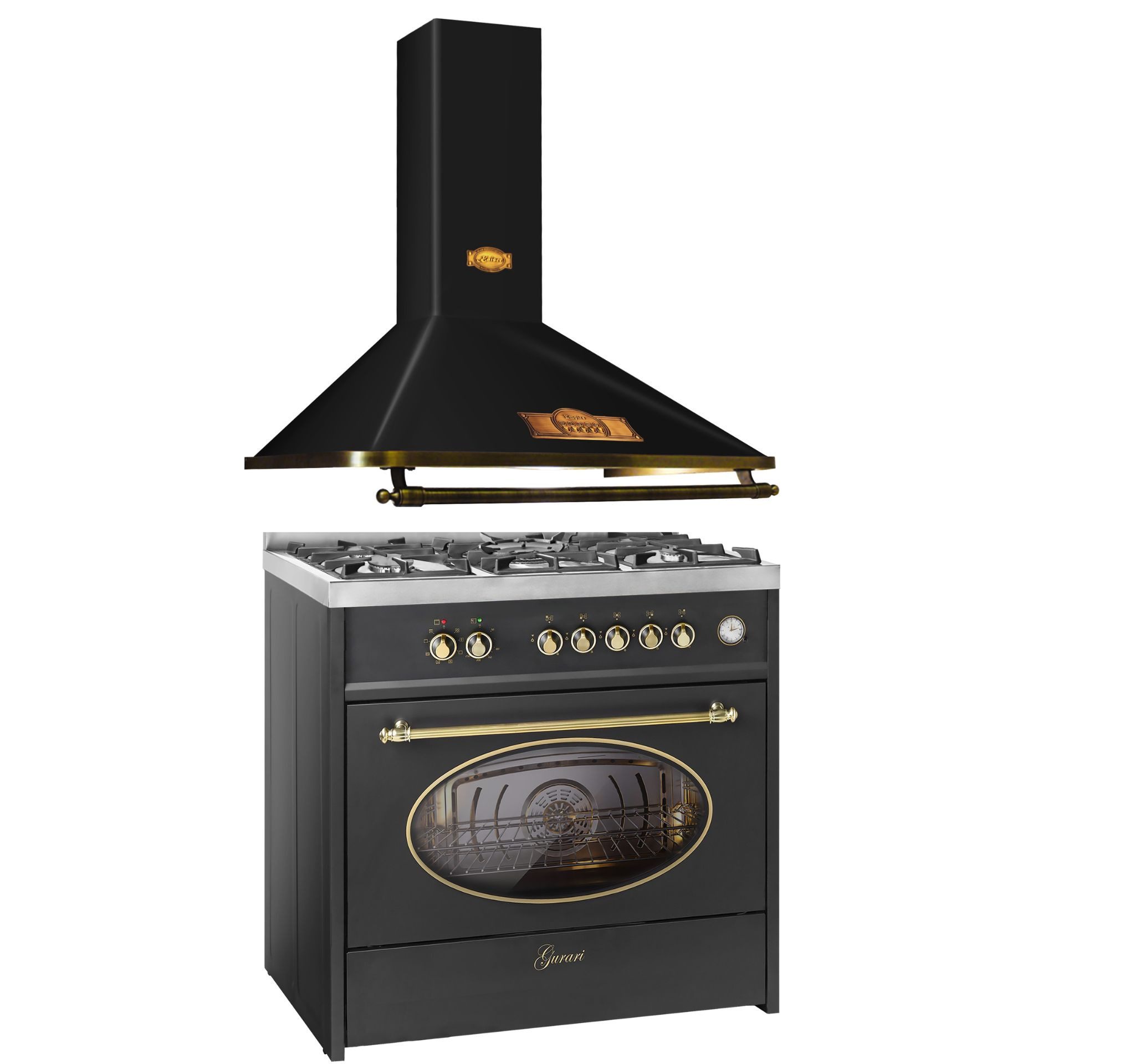 GURARI Gas-Standherd Retro Gas Elektro Standherd 90 cm Range Coocker 121L +Dunstabzugshaube, 90cm, 910 m³/h GCH E 914 BL r+A 9315 Em ECO, mit 1-fach-Teleskopauszug