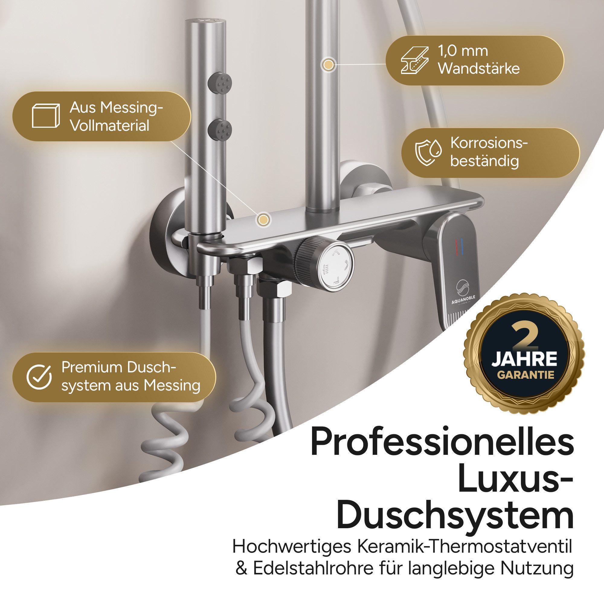AQUANOBLE SYSTEMS Badarmatur Duschsystem Messing 4 Funktionen (komplett Set) Keramik Mischventil, Edelstahl Duschsäule, Höhenverstellbar