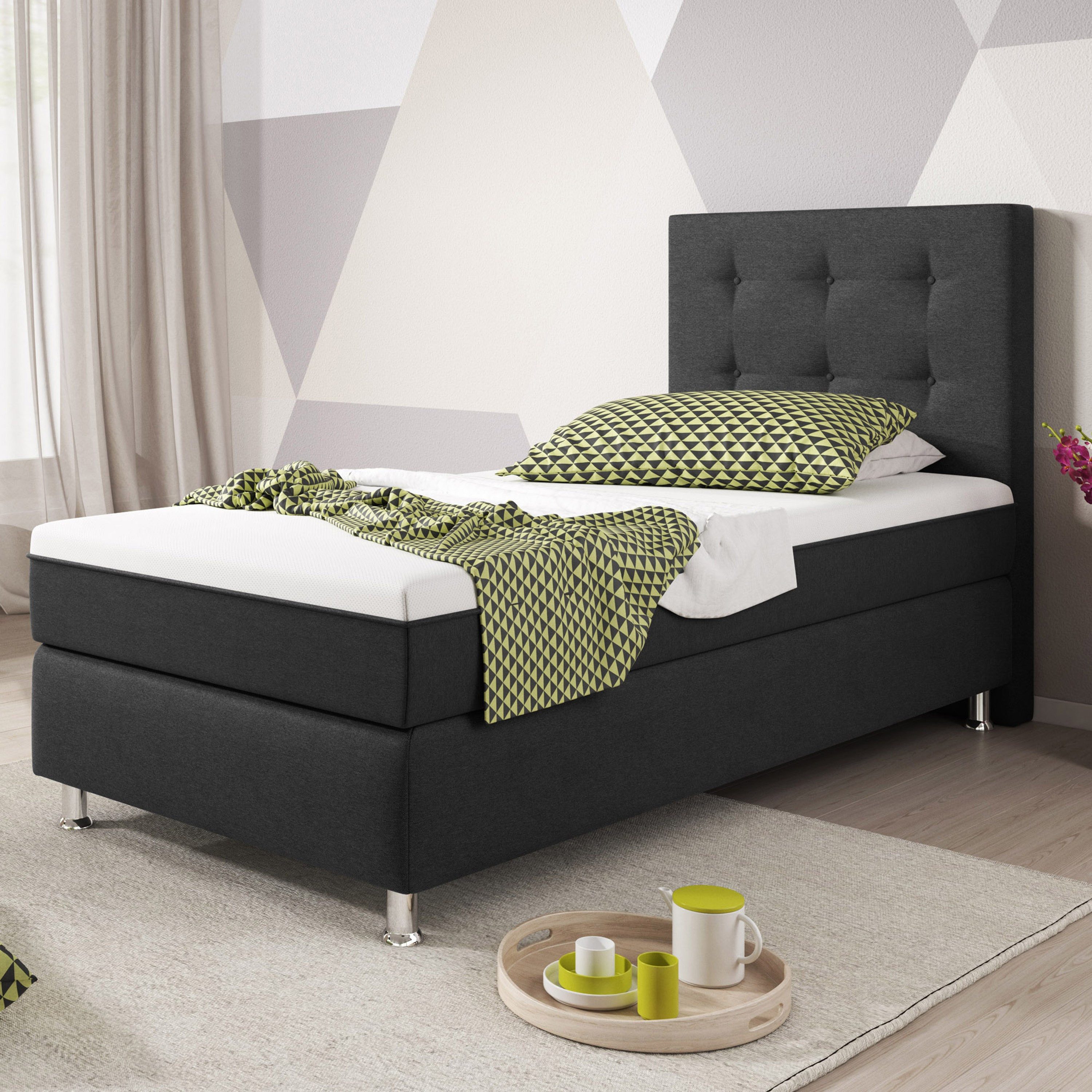 inter Boxspringbett Köln Plus 90x200 cm Taschenfederkern H3 mit Topper-Optik (Komplett Sett), SOFORT LIEFERBAR
