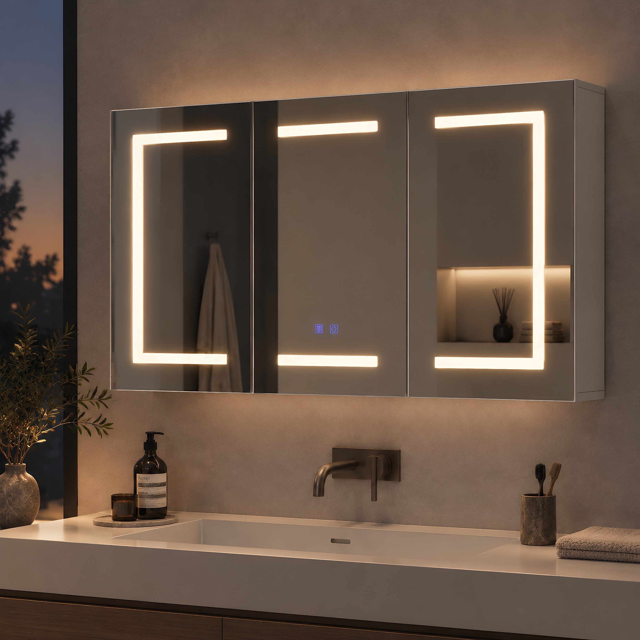 Simurq Spiegelschrank Badezimmerspiegelschrank 3 türig Hängeschrank mit LED Beleuchtung (3 Farbtemperaturen Dimmbar) Badspiegelschrank 100 x 13,5 x 60 cm mit Steckdosen, Anti-Fog