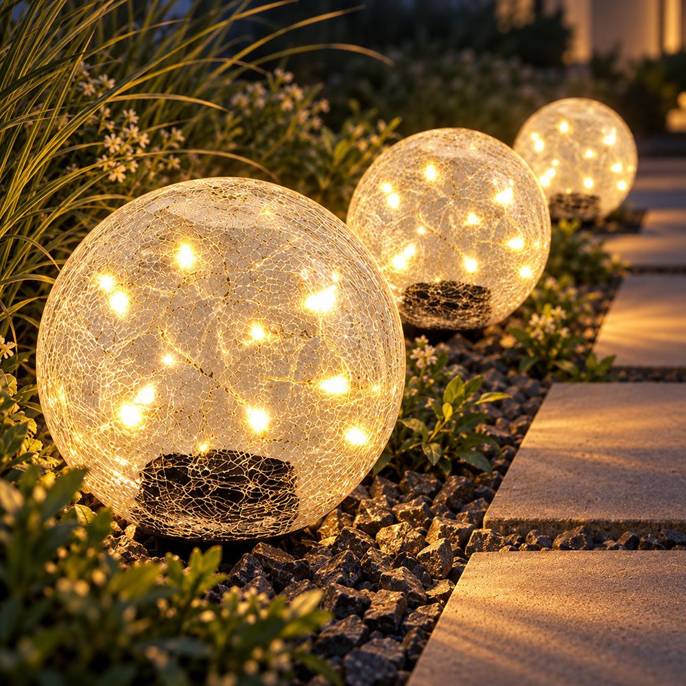 etc-shop LED Solarleuchte, LED-Leuchtmittel fest verbaut, Warmweiß, 3x LED Steckleuchte Solarlampe Erdspieß Glas Crackle Kugel D 20 cm