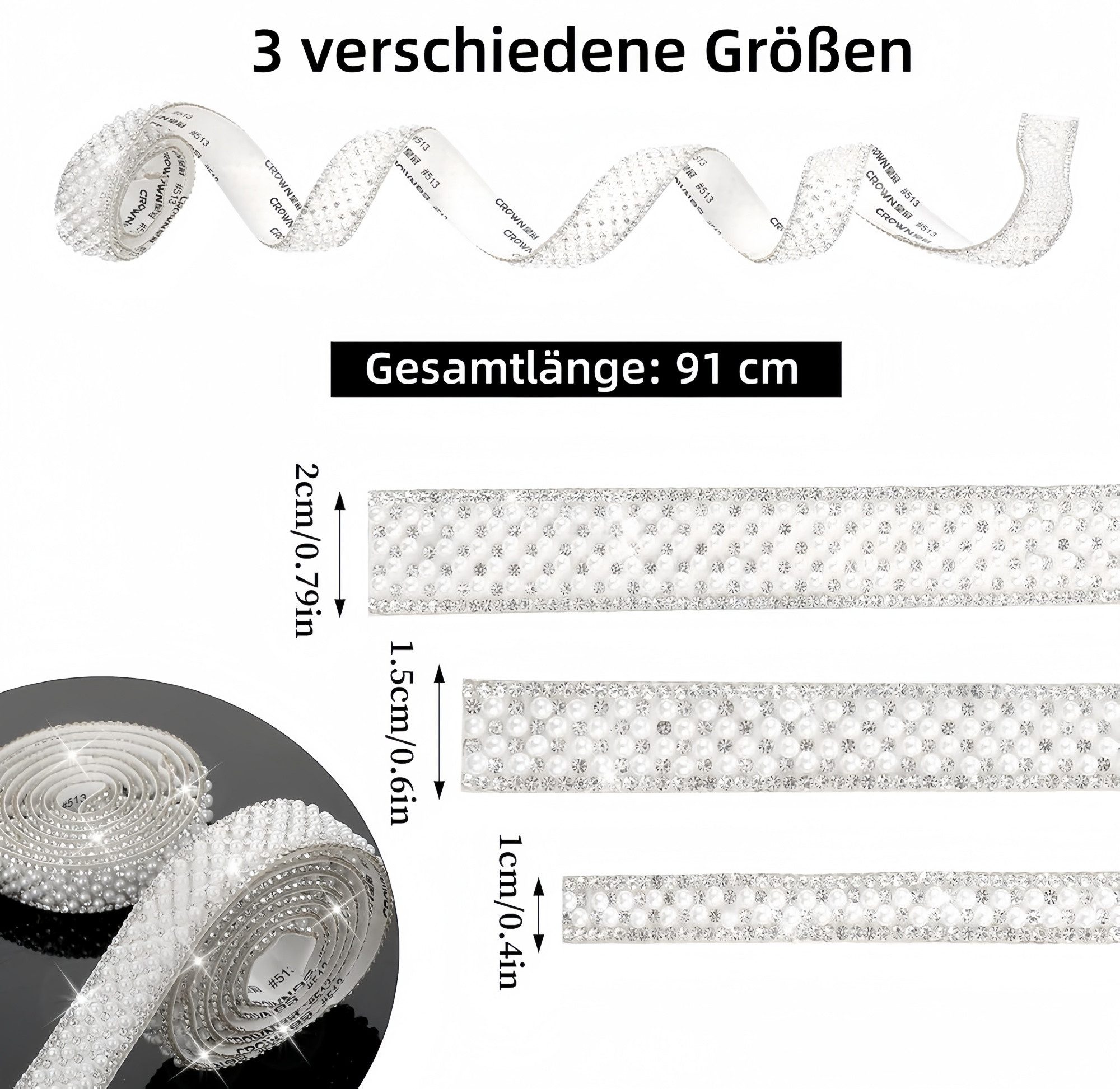FOUORTUNATE-BEE Versteifungsband 3 Rollen selbstklebendes Perlen-Strassband für DIY, (3-St), Perlen-Strassband zum Verzieren und Basteln – Bild 2 von 5