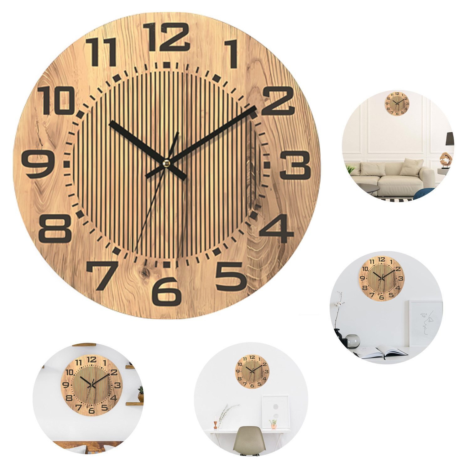 MODFU Wanduhr 34CM große Holz Uhr Leiseuhr Dekouhr Rund Quarzuhr (Große gut günstig online kaufen