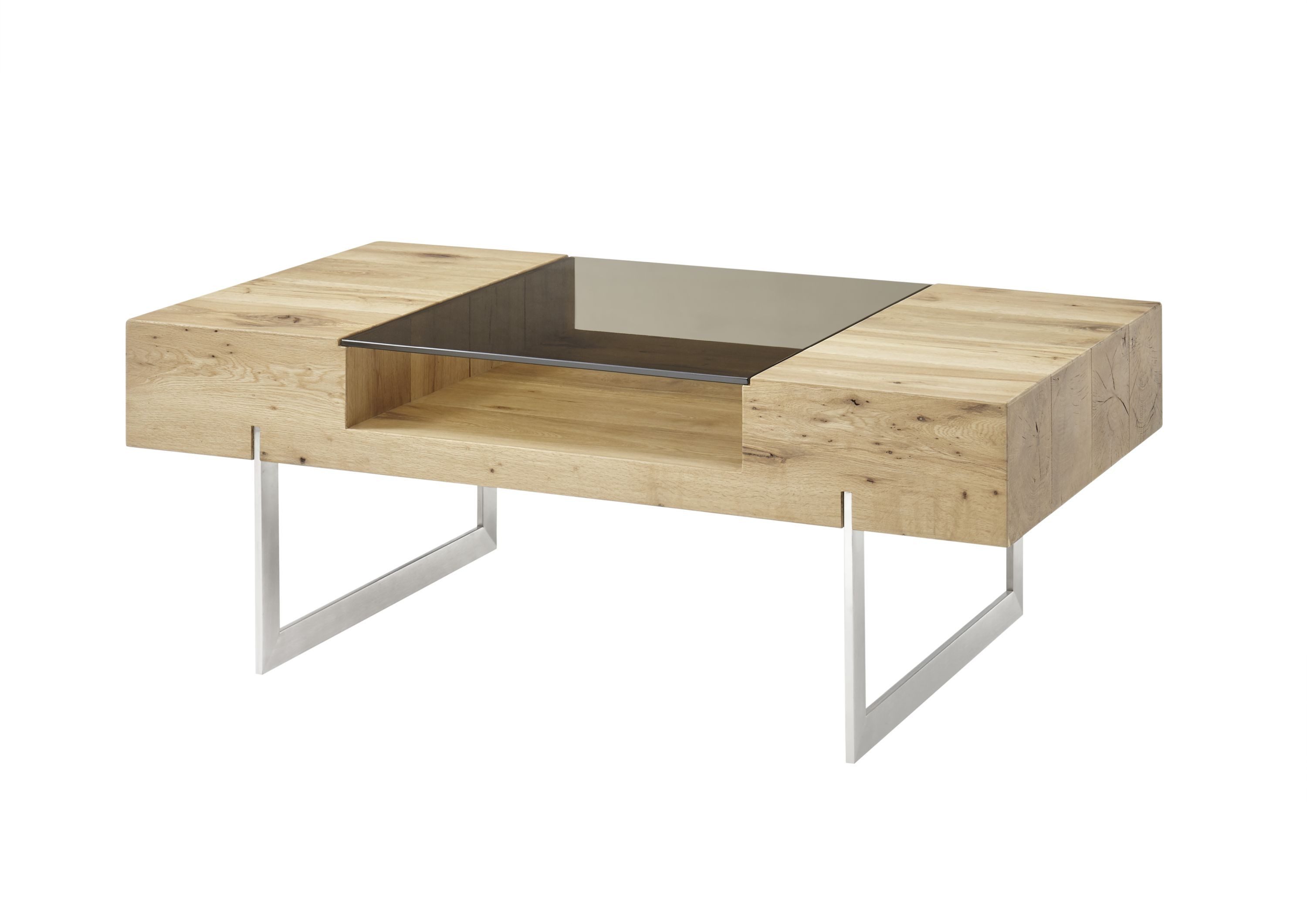 Robas Lund Couchtisch REWA, Asteiche furniert mit Glasplatte, Bronze & Edelstahloptik, B/H/T: 110x40x60 cm