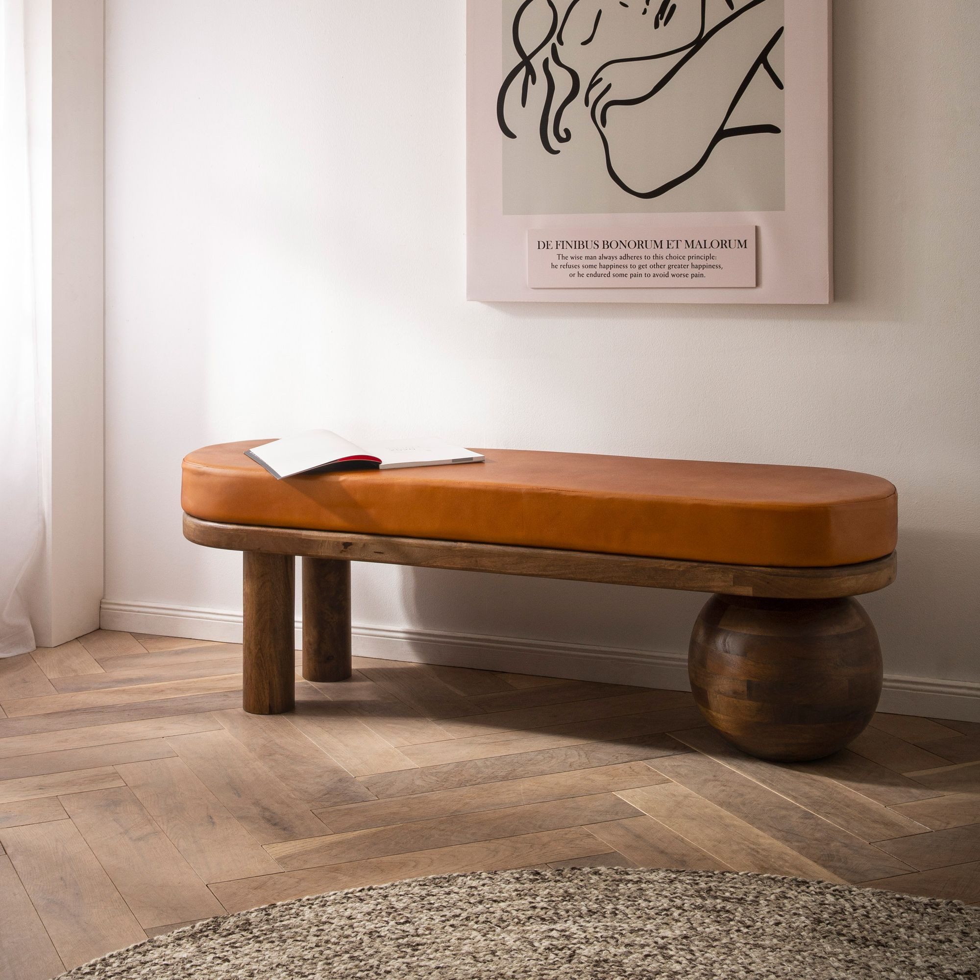 FINEBUY Sitzbank FB108541 Flurbank Echtleder Holz Massiv 140 cm Polsterbank Bank Braun (Polsterbank Echtleder Massivholz Bank 140x47x40 cm), 2er Lederbank Flur, Flurbank Bettbank Klein