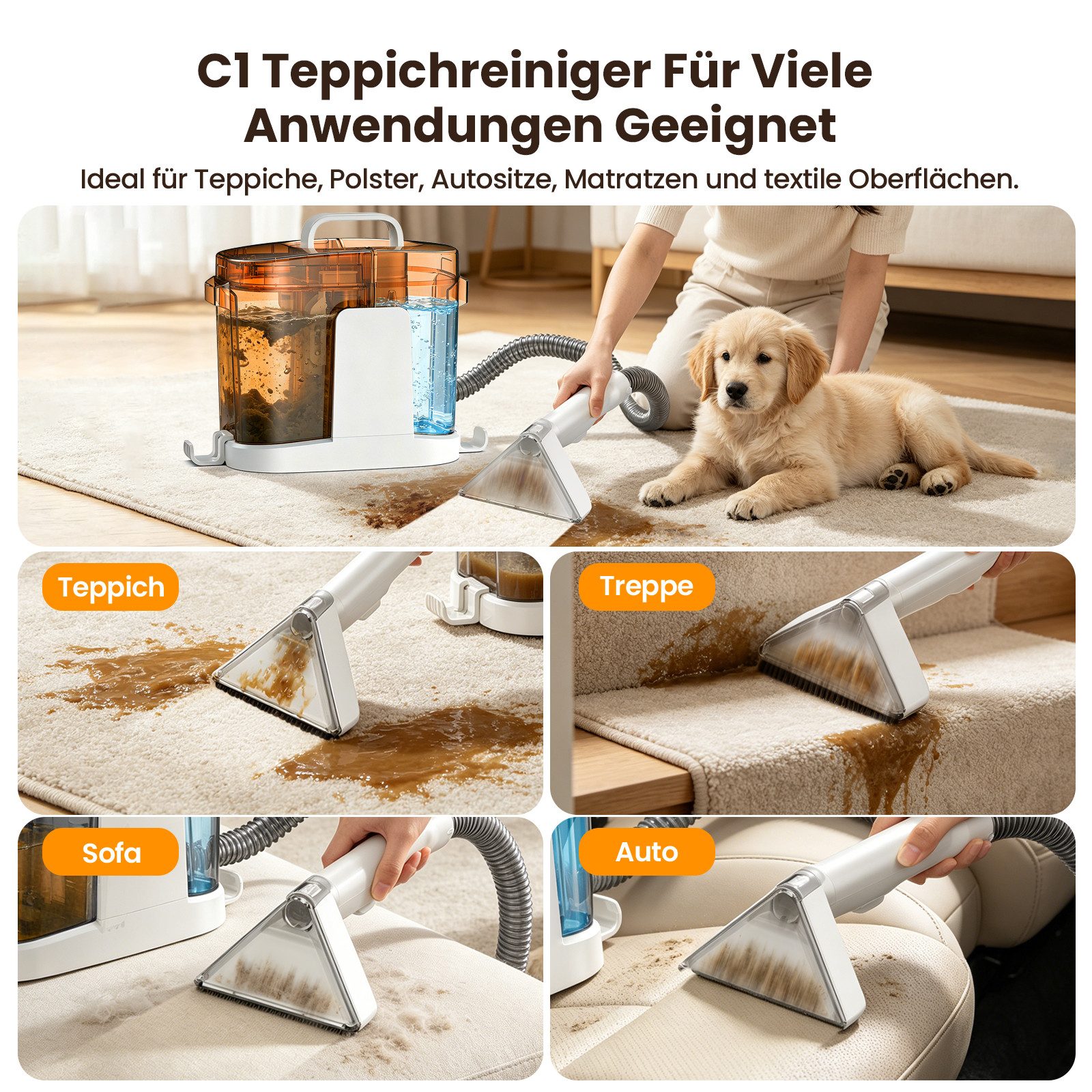 Grenintol Teppichreinigungsgerät 25kPA Waschsauger,Teppichreiniger,Tragbarerer Polsterreiniger Gerät, 600 W, 1,45 l Frischwassertank + 1,6 l Schmutzwassertank, tragbarer Nasssauger & Fleckenreiniger mit 2-Tank-System, reinigt gründlich Polster, Teppiche, Autositze & Matratzen