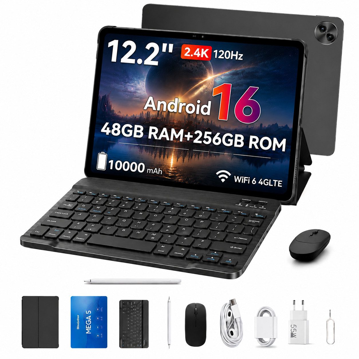 blackview MEGA 5 12,2" 2.4K 32/48GB+256GB Android 16 4G LTE mit Tastatur Maus Tablet (12.2", 256 GB, Android16, 4G(LTE), 120Hz, DokeOS_P 5.0, WiFi 6, 10000mAh, Dual 4G SIM, PC-Modus 3.0)