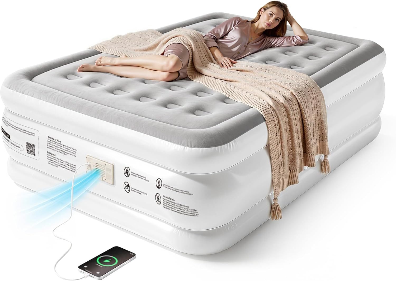 MC Star Luftmatratze mit integrierter Pumpe – automatisches Aufpumpen, (schnelles Aufblasen in 2,5 Minuten, leiser Betrieb, für 2 Personen, für Zuhause und Camping)