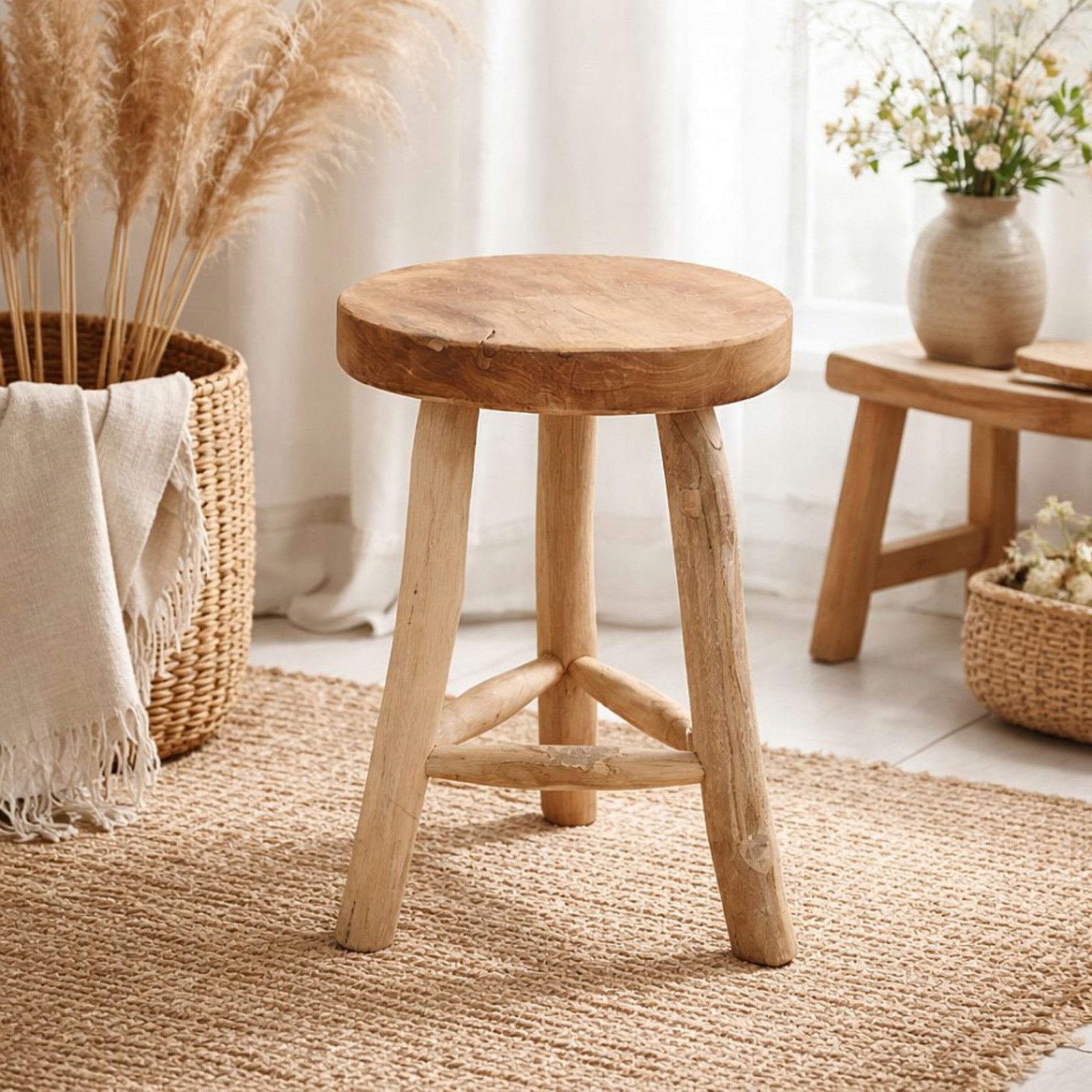 Van der Leeden Blumenhocker Sitzhocker Teakholz Massiv Ø 30 cm Handmade Unikat (1 St), Stabil, bis 70 Kg belastbar, fertig montiert, Schemel