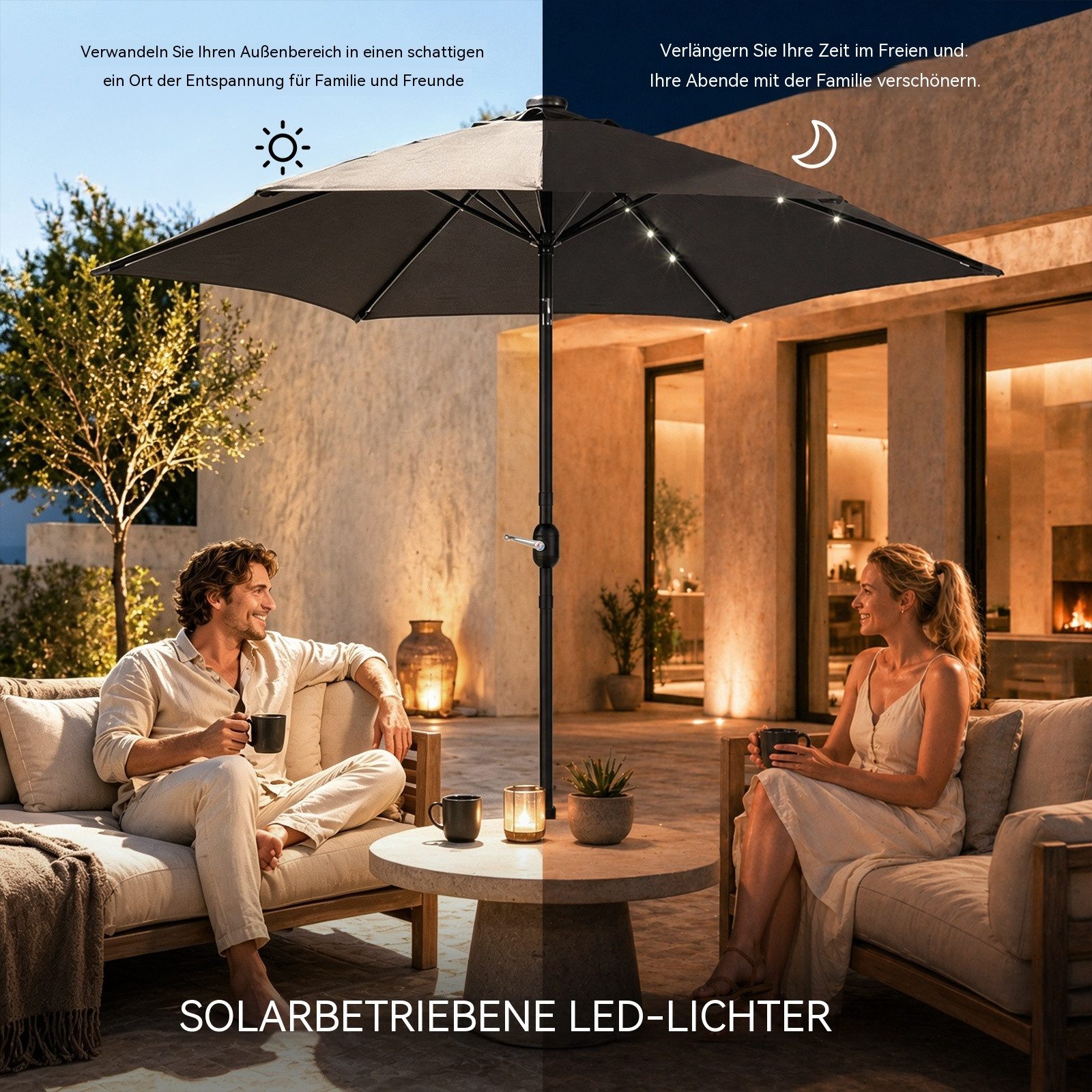 LALAHO Sonnenschirm Gartenschirm Ø266cm mit Solar LED Beleuchtung, Kurbel & Neigefunktion, 6 Stahlrippen UPF50+ Terrassenschirm für Garten, Terrasse – Bild 5 von 5