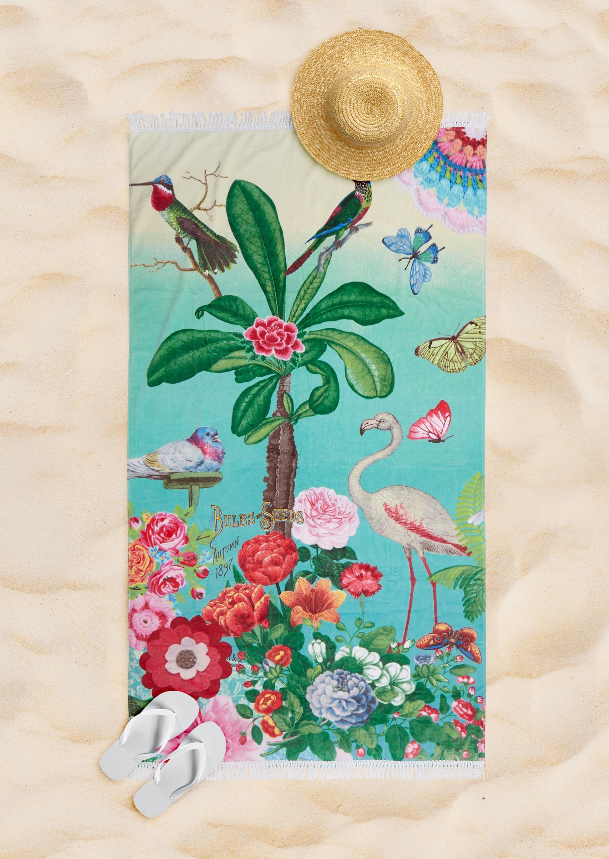 heißen am für Botanica, Sommertage Happiness Frotteevelours Ideal die Strandtuch Fransen, mit Strand (1-St),