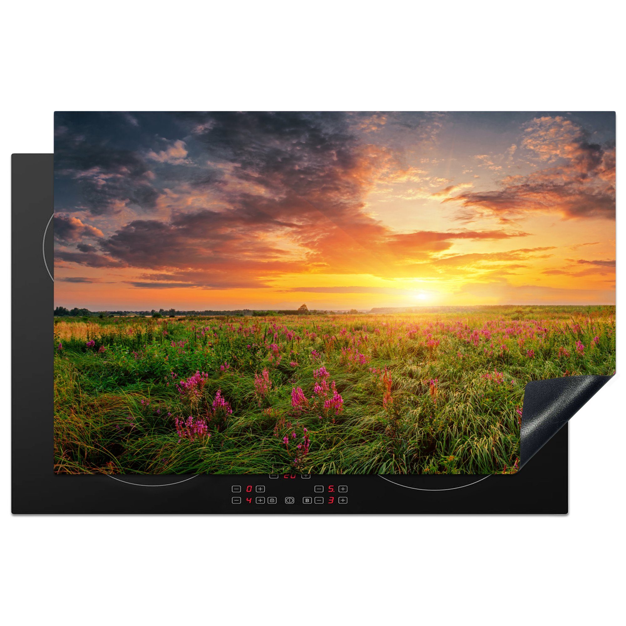 MuchoWow Herdblende-/Abdeckplatte Blumen - Sonnenuntergang - Frühling, Vinyl, (1 tlg), 81x52 cm, Induktionskochfeld Schutz für die küche, Ceranfeldabdeckung