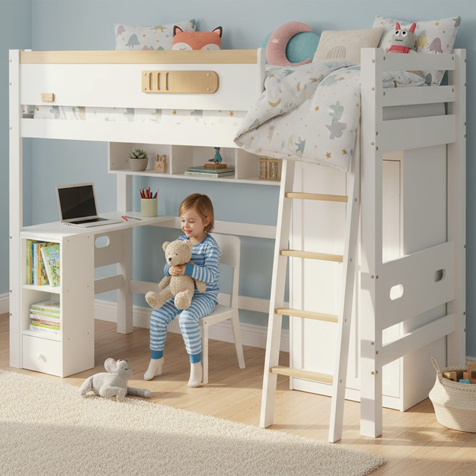 Merax Hochbett 90x200cm mit Rausfallschutz und Leiter Kinderbett mit Schreibtisch, Kleiderschrank und offenen Regale