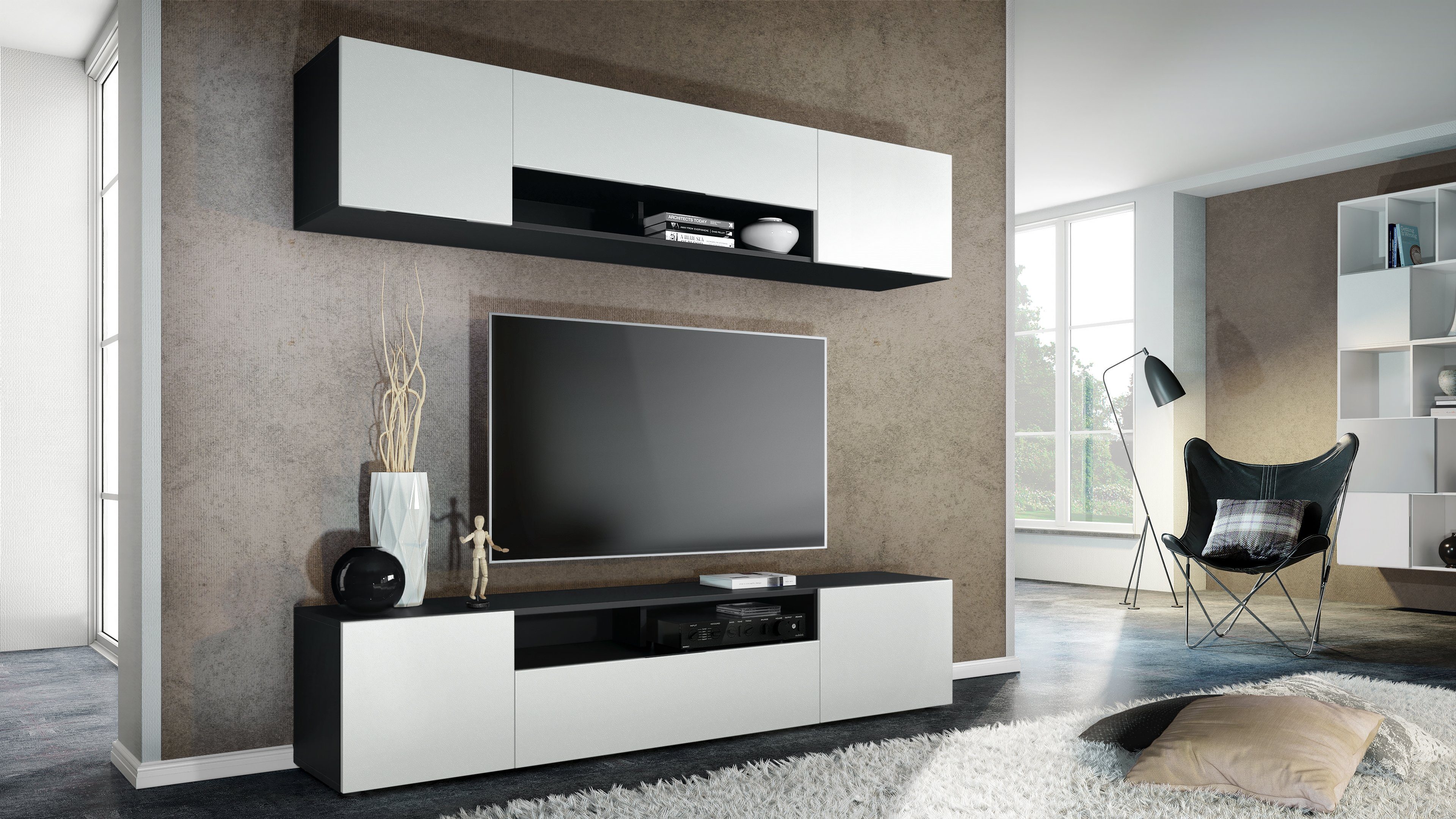 Vladon Wohnwand Mogan, (Anbauwand bestehend aus 2 TV-Boards, mit jeweils 2 Türen, 1 Klappe und 1 offenes Fach), Schwarz matt/Weiß matt 2x (181 x 39 x 35 cm)