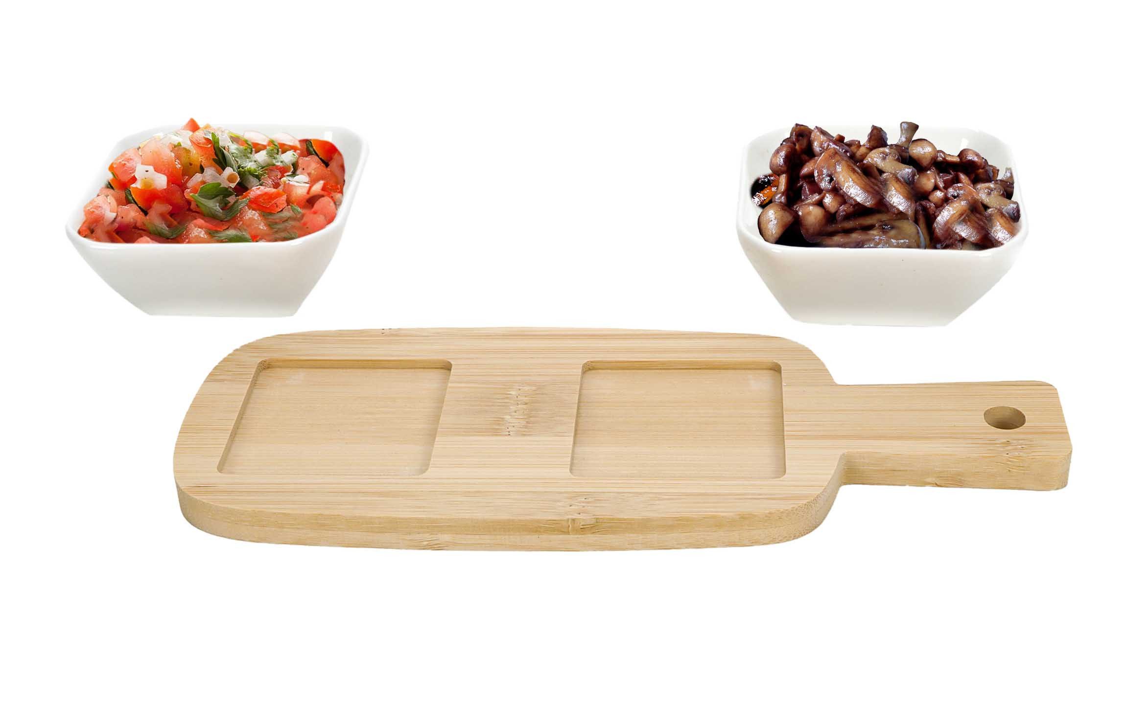Bubble-Store Tapas-Schale 3-tlg. Tapas-Set, Keramik, Bambus, (2 Keramik-Schalen, 1 Bambustablett, 3-tlg), Tapas Schälchen aus Keramik mit Bambus Servierbrett