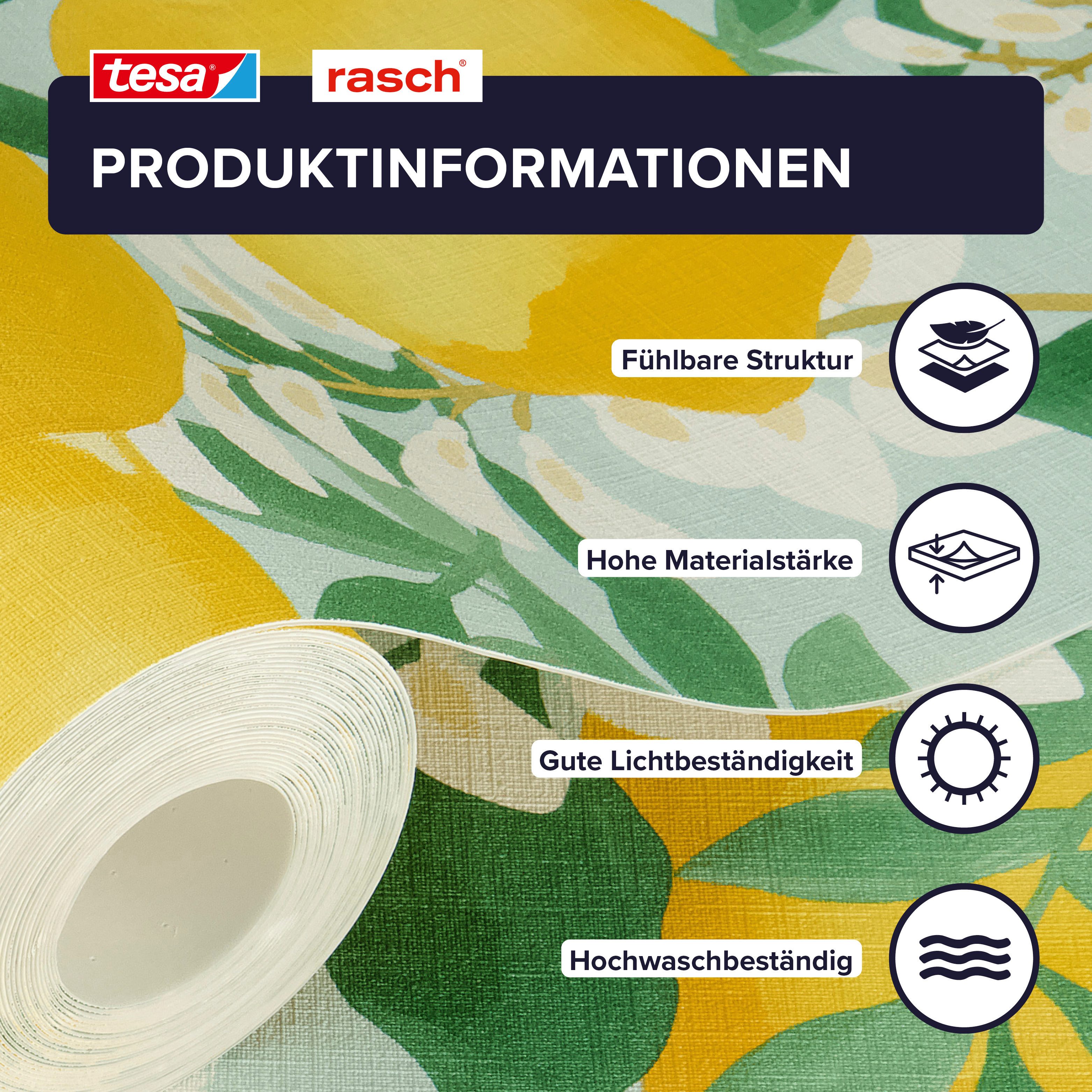 Rasch Vliestapete Portofino - Selbstklebende Tapete Zitrone von tesa® x rasch®, strukturiert, mediterran, botanisch, (1 St), selbstklebend, 6,00m x 0,53m