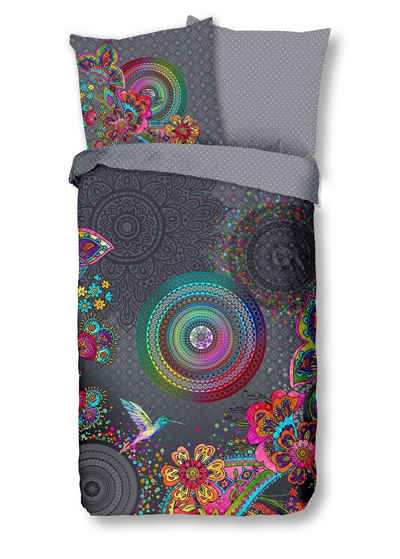 Bettwäsche Comfort Baumwolle, Traumschloss, Flanell, 2 teilig, bunte Mandalas auf grauem Hintergrund