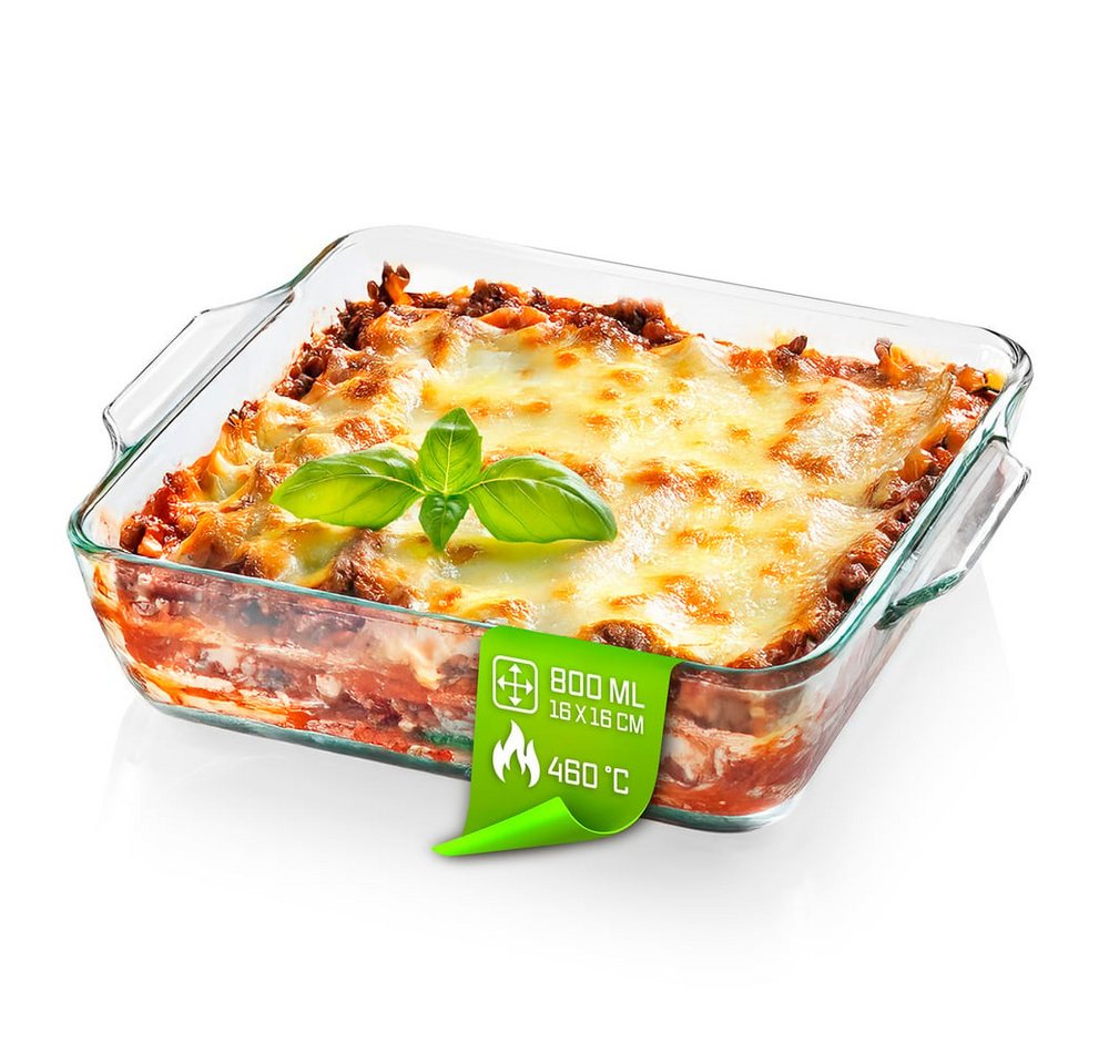 GOURMETmaxx Auflaufform Auflaufform transparent quadratisch 800ml, (1-St), aus Glas für Heißluftfritteuse & Ofen Zubereiten Garen Servieren