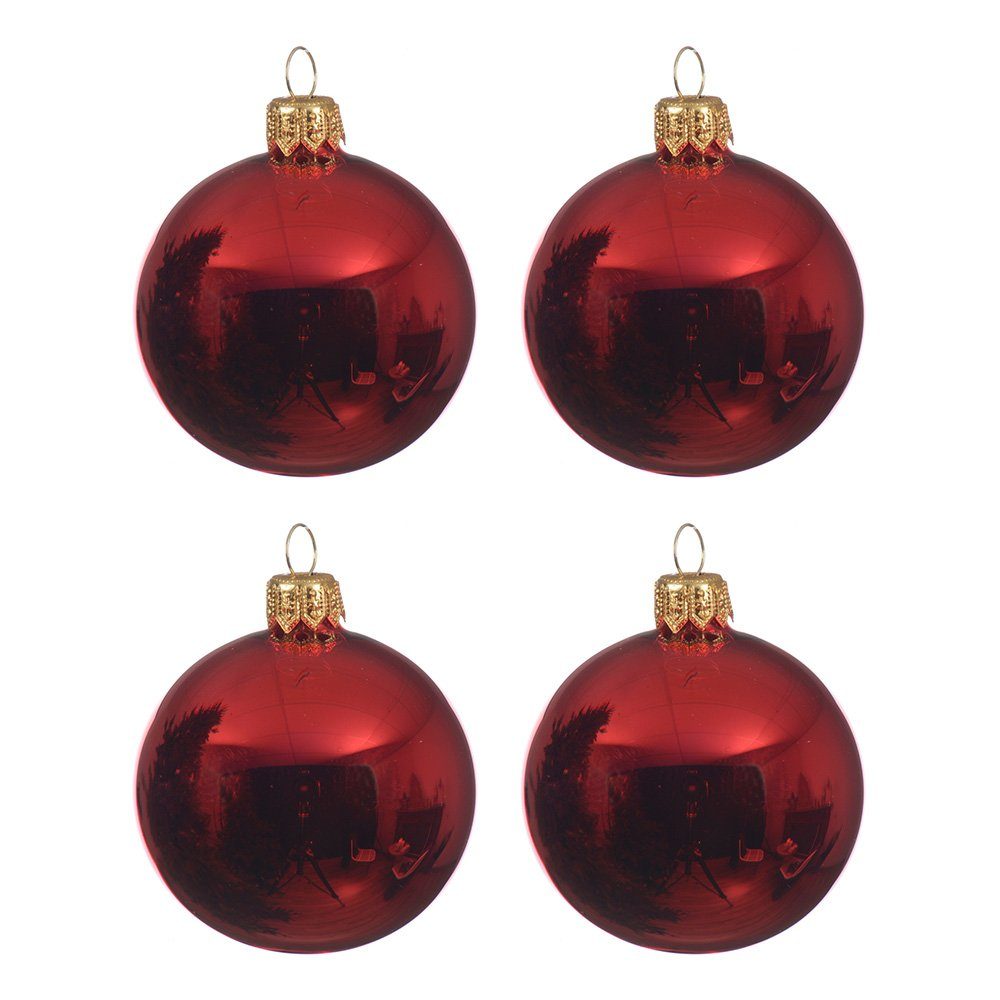Decoris season decorations Christbaumschmuck, Weihnachtskugeln Glas 10cm mundgeblasen 4er Box - Weihnachtsrot glanz