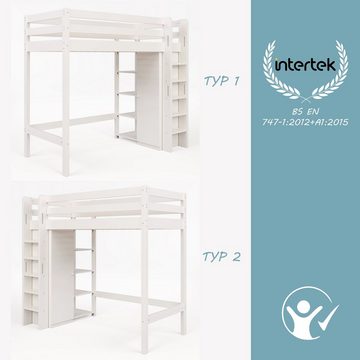 REDOM Kinderbett Hochbett mit Kleiderschrank und 6 Regalen (90x200 cm -208x110x186(BxTxH)Weiß)