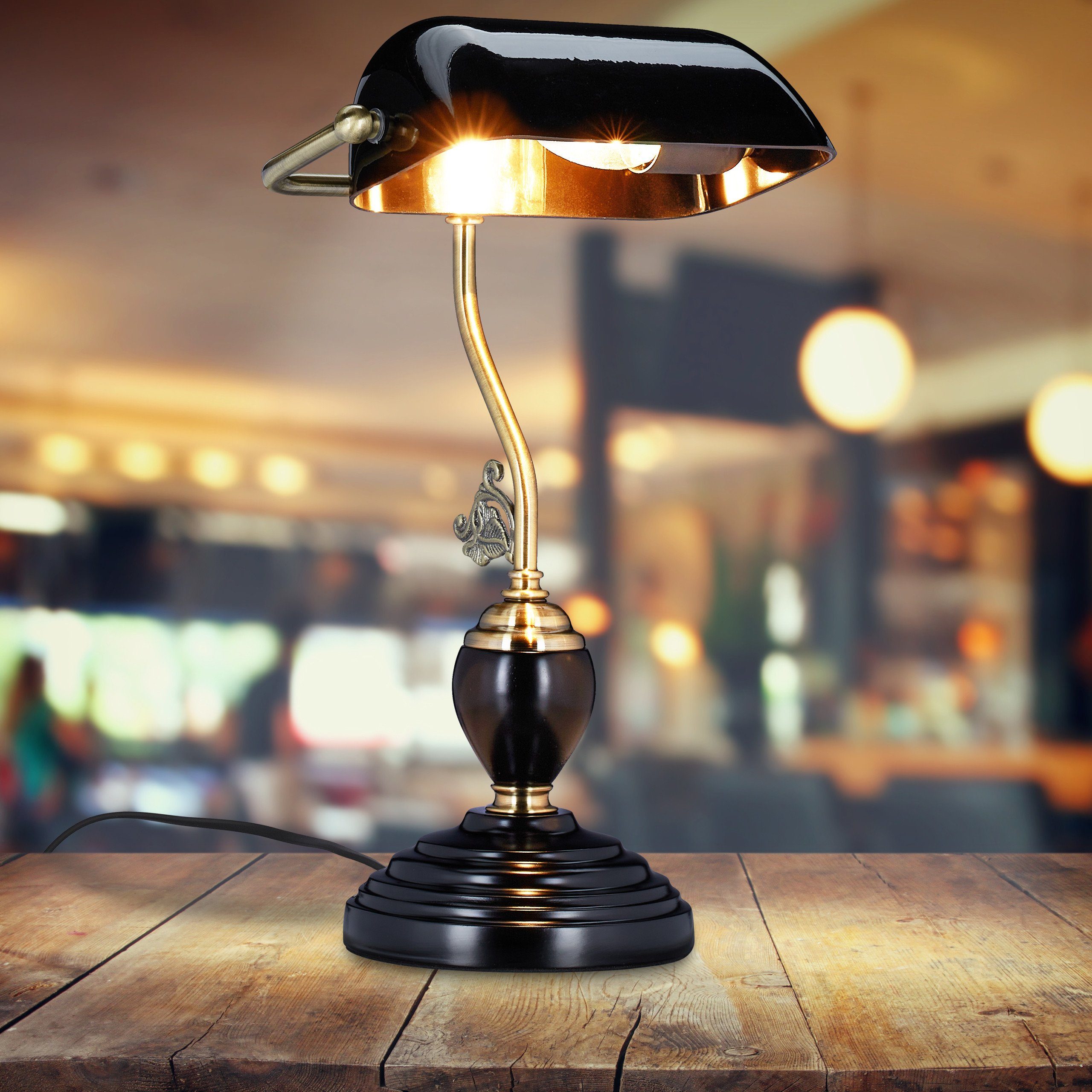relaxdays Bankerlampe mit Schreibtischlampe Schwarze Glasschirm