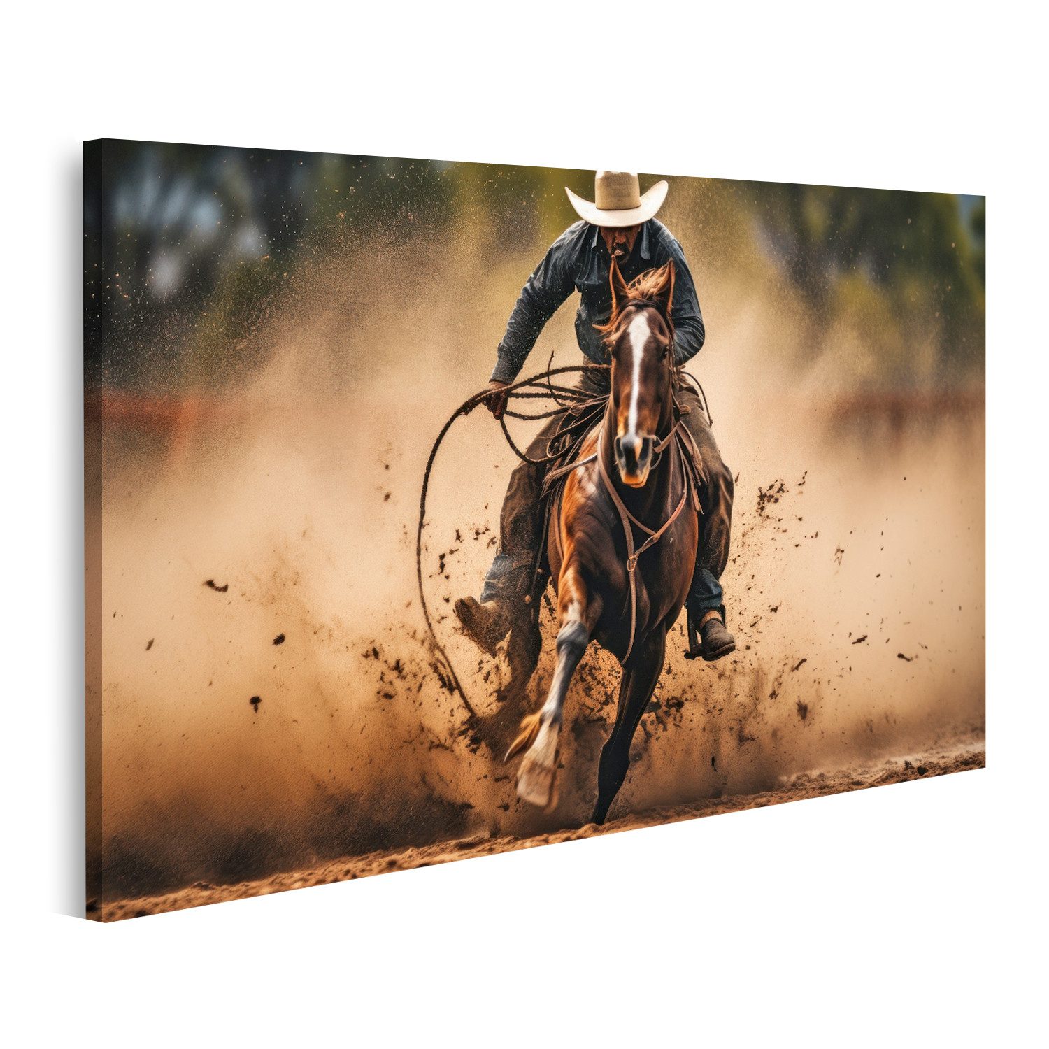 islandburner Leinwandbild Cowboy Mann Cowboyhut Reitet Pferd mit Lasso Western Szene Bilder