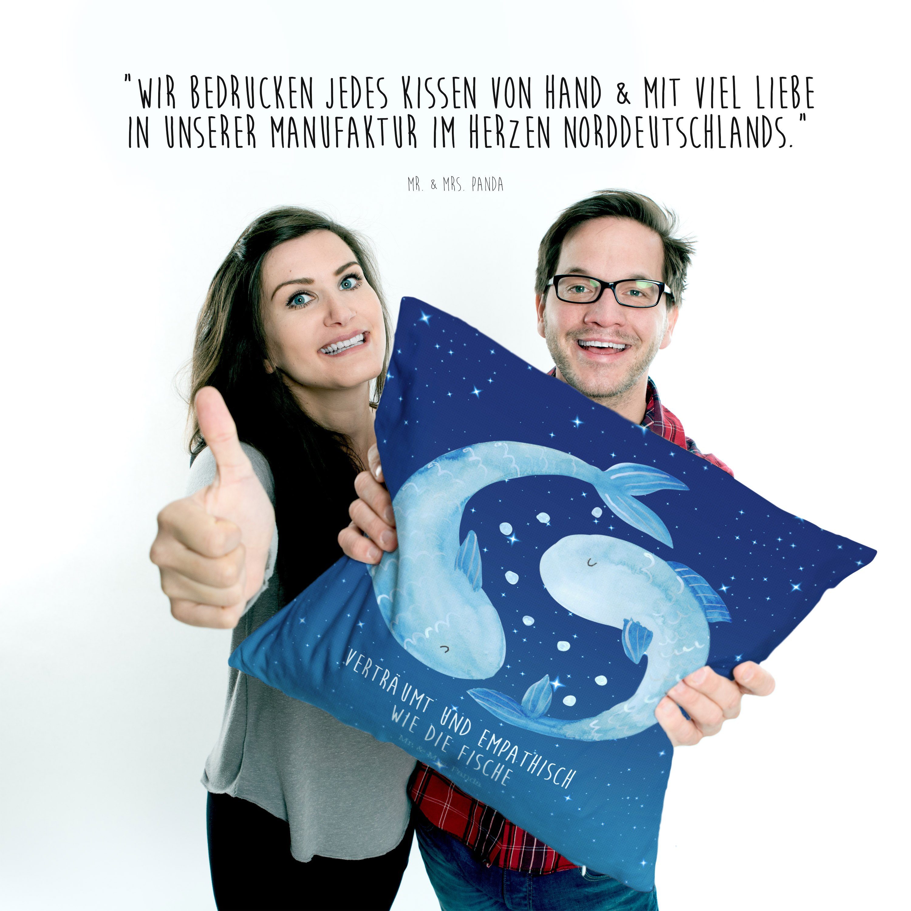 Geschenk - Februar Geschenk, Fische - Mr. & Mrs. Sternenhimmel Dekokissen Sternzeichen Blau Panda