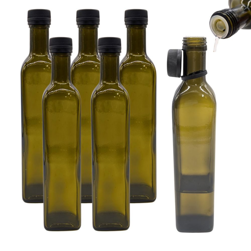 Ölspender 6er Set Ölflaschen 250 ml mit Ausgießer braune / grüne Glasflasche