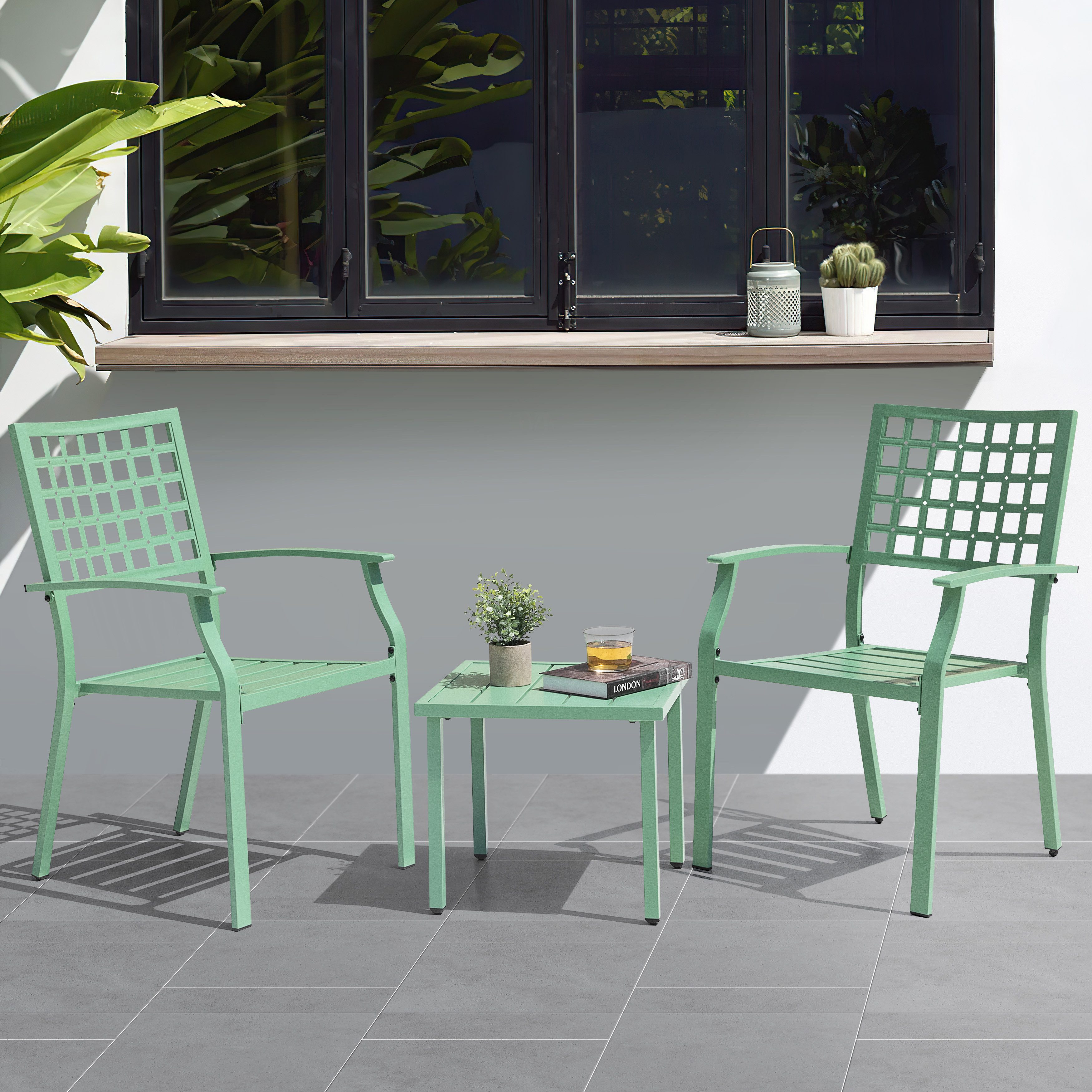 Avestar Balkonset 3-tlg. Bistro-Set mit Beistelltisch und stapelbaren Metallstühlen, (3-tlg), Gartenset, Terrassenset, wetterfest & rostbeständig