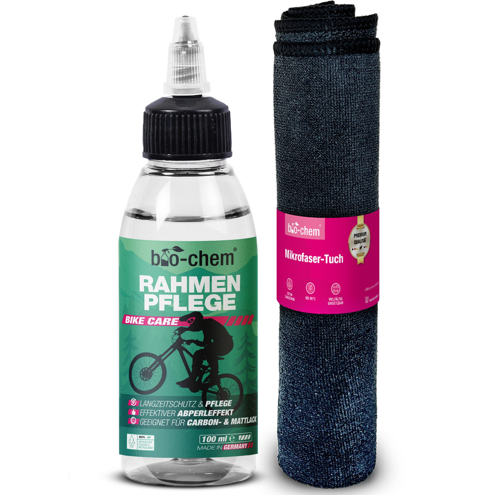 bio-chem Fahrrad Rahmenpflege Imprägnierpflege mit Abperleffekt 100 ML Zweiradreiniger (Einzelprodukt, [- Rahmenpflege 100 ml + Mikrofasertuch Schutz & Glanz mit langanhaltendem Abperleffekt)